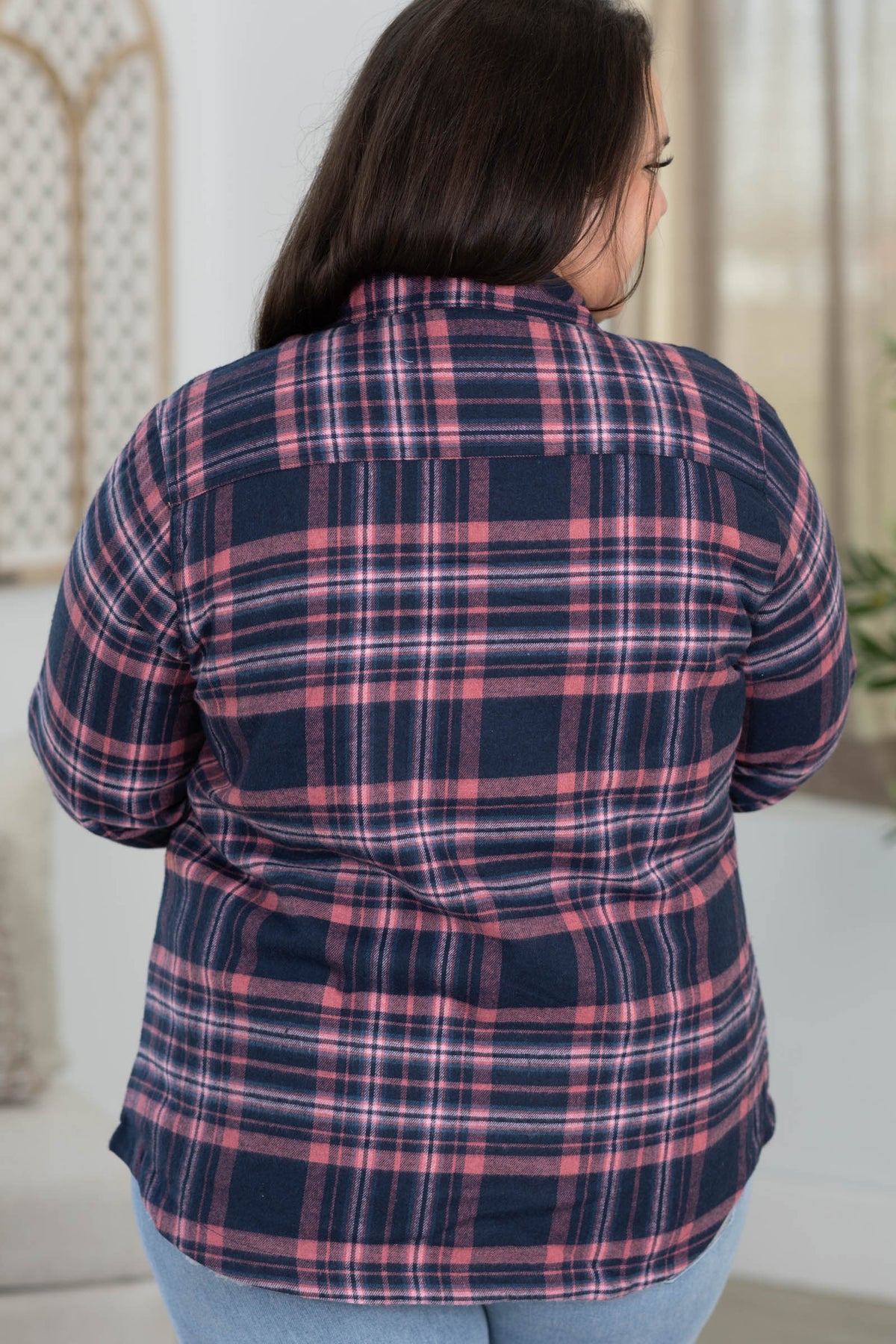 Plaid Light Sherpa Lined Button Up Top