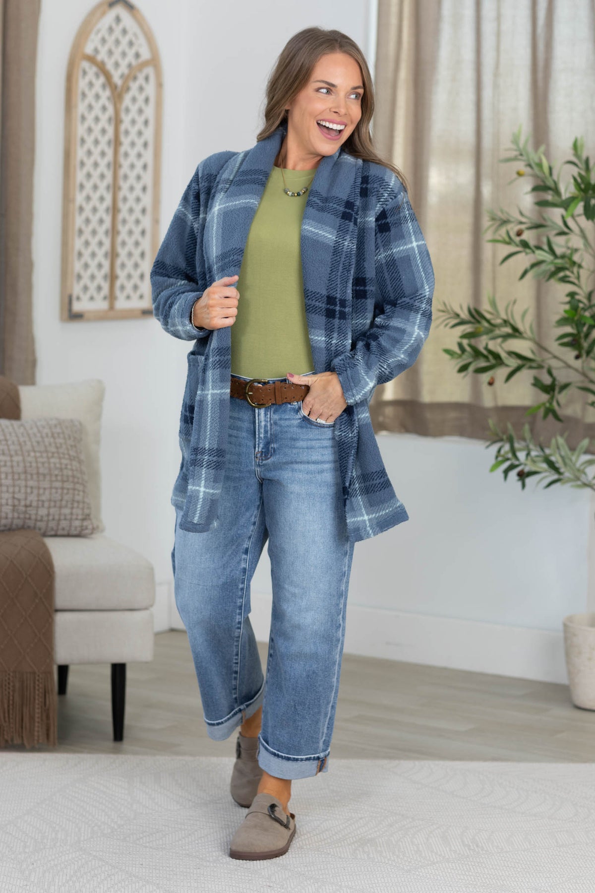 Plaid Plush Sherpa Open Cardigan With Pockets