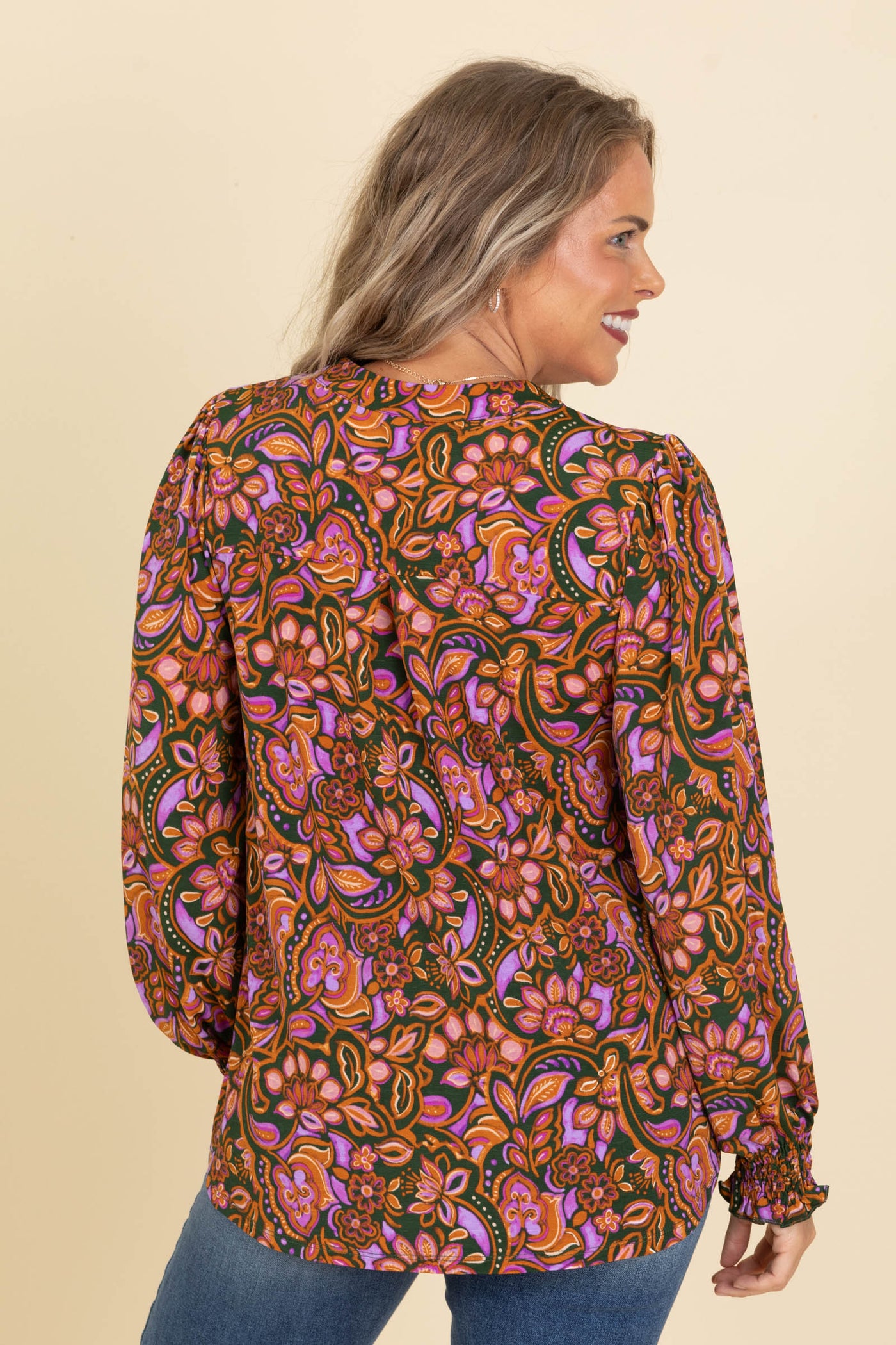 Olive and Rust Smocked Wrinkle Free Top