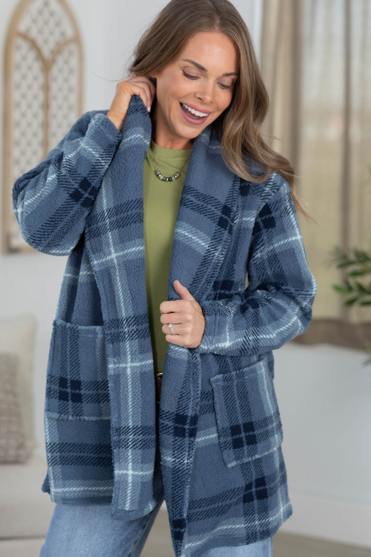 Plaid Plush Sherpa Open Cardigan With Pockets