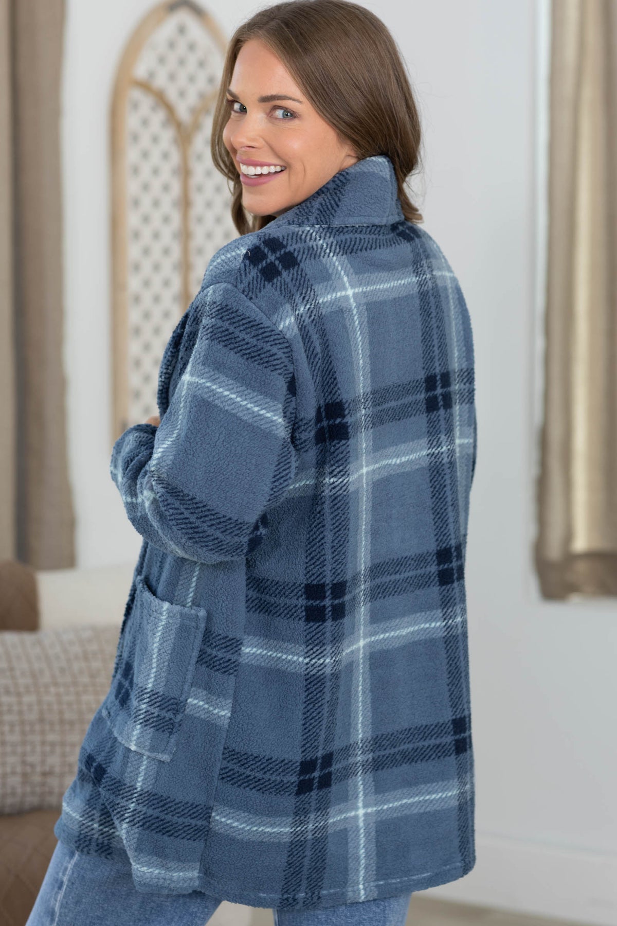 Plaid Plush Sherpa Open Cardigan With Pockets