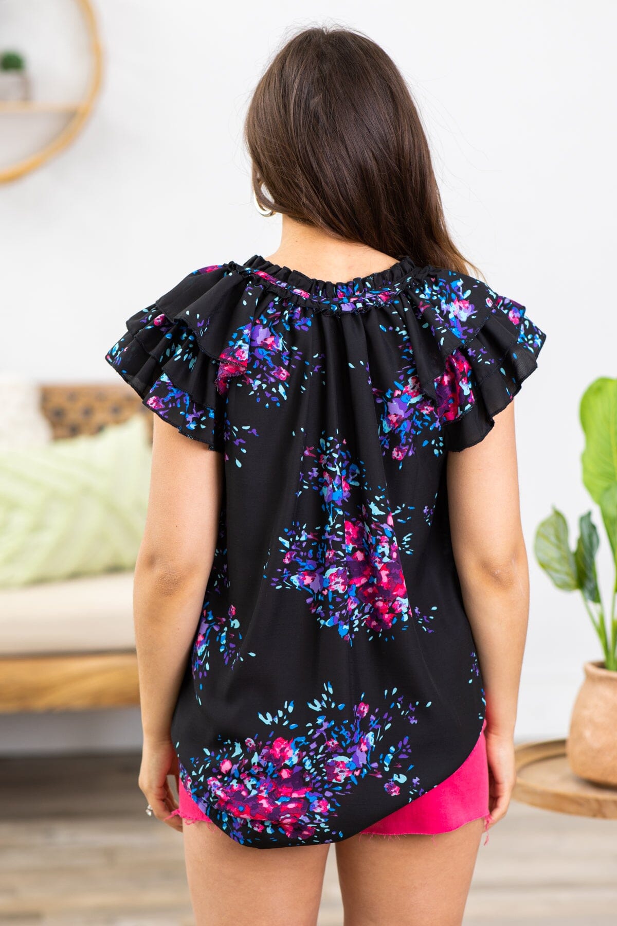 Black and Fuchsia Floral Ruffle Sleeve Top - Filly Flair