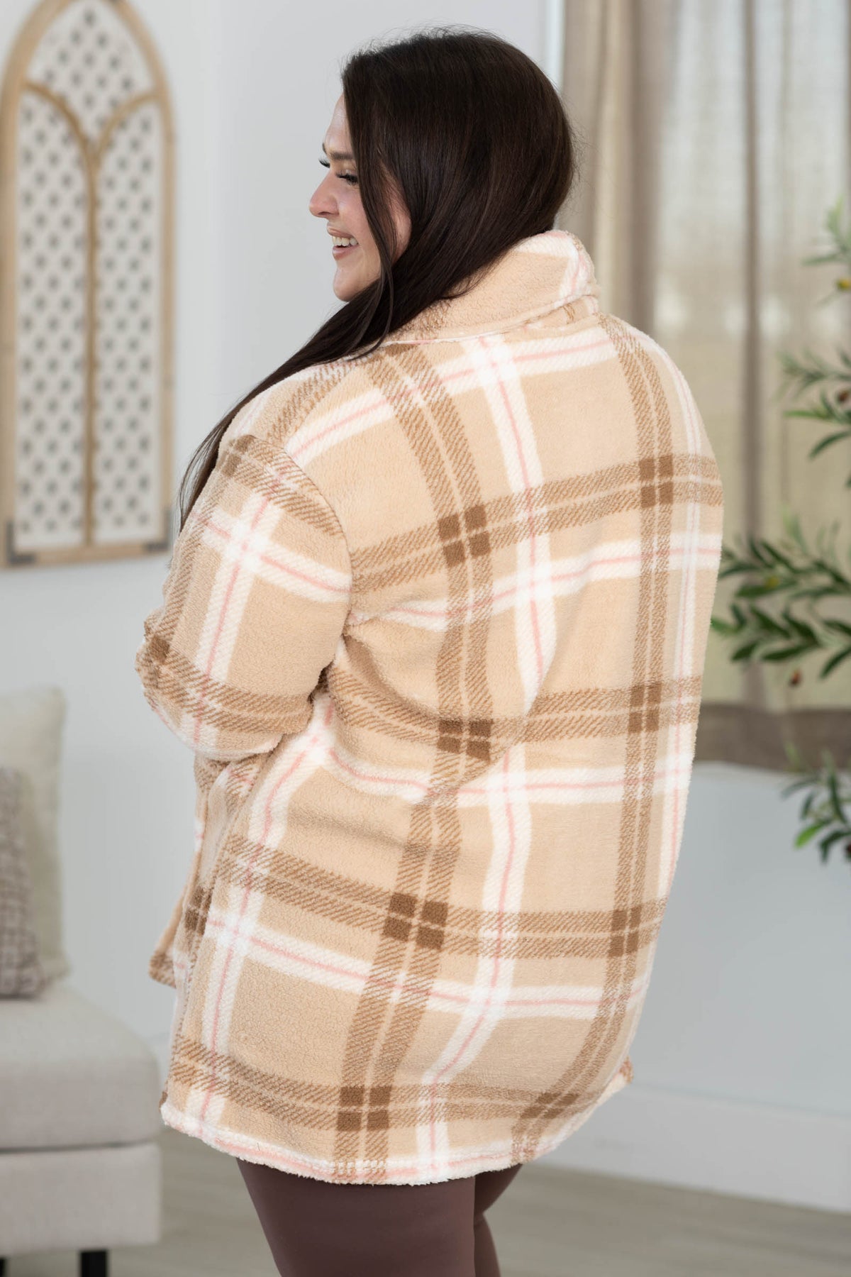 Plaid Plush Sherpa Open Cardigan With Pockets