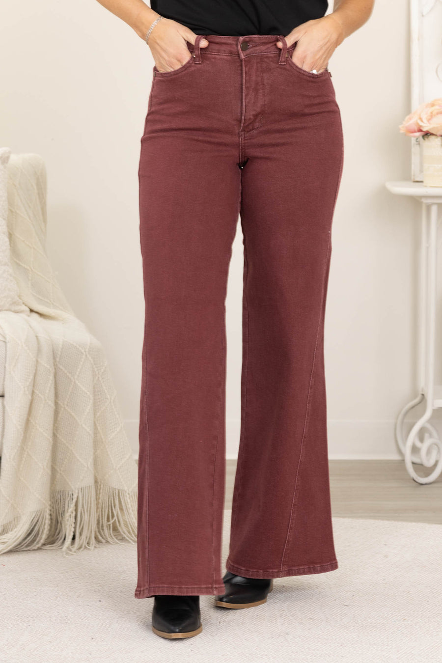 Judy Blue Burgundy Retro Wide Twisted Seam Jeans