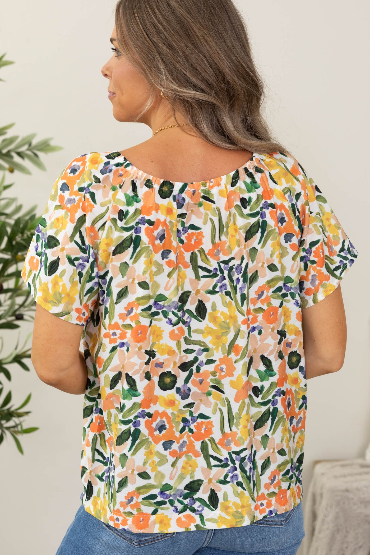 Staccato Floral Elastic Neckline Button Down Blouse