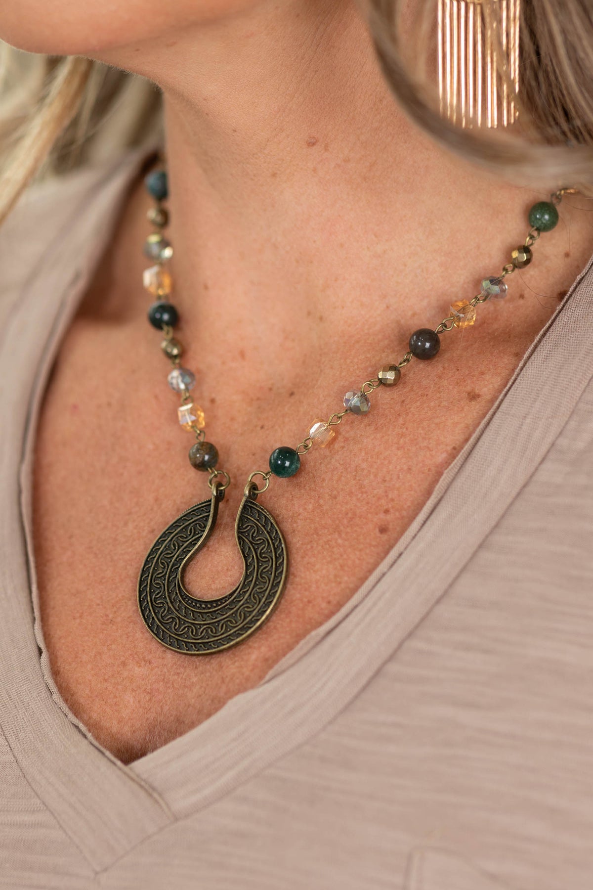Teal Mixed Beads With Bronze Pendant Necklace