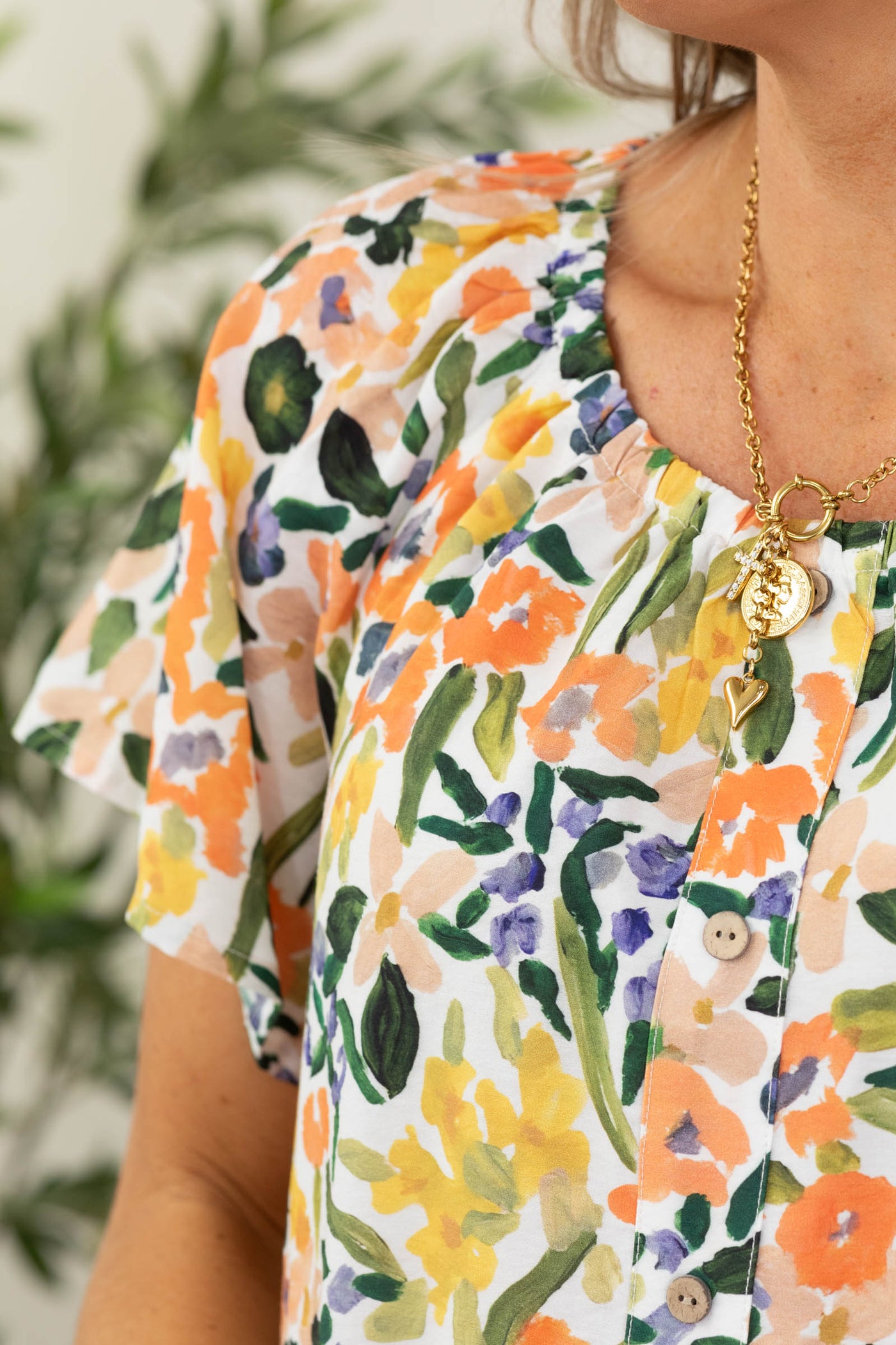 Staccato Floral Elastic Neckline Button Down Blouse