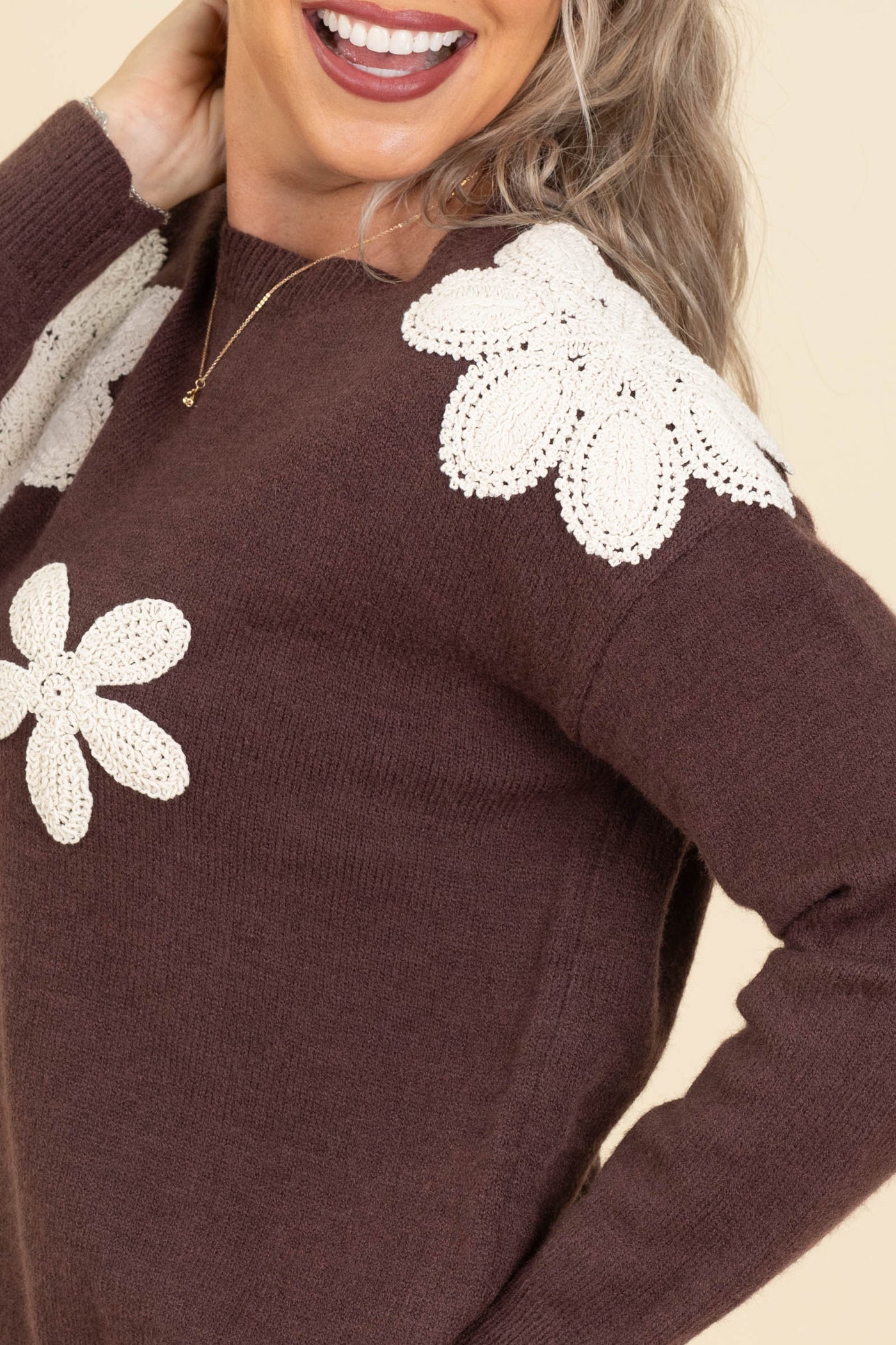 Brown With Crochet Florals Sweater