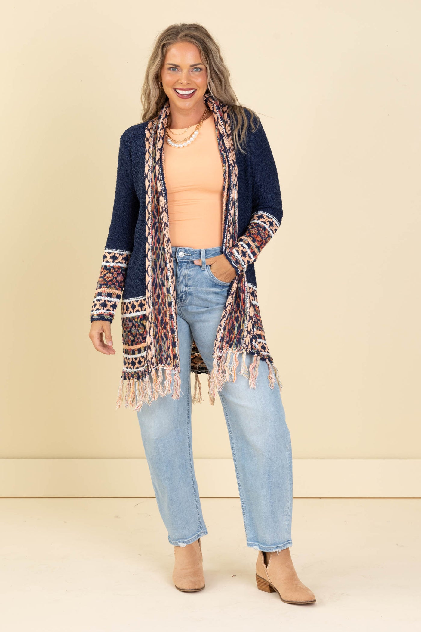 Navy Fringe Hem Aztec Border Cardigan