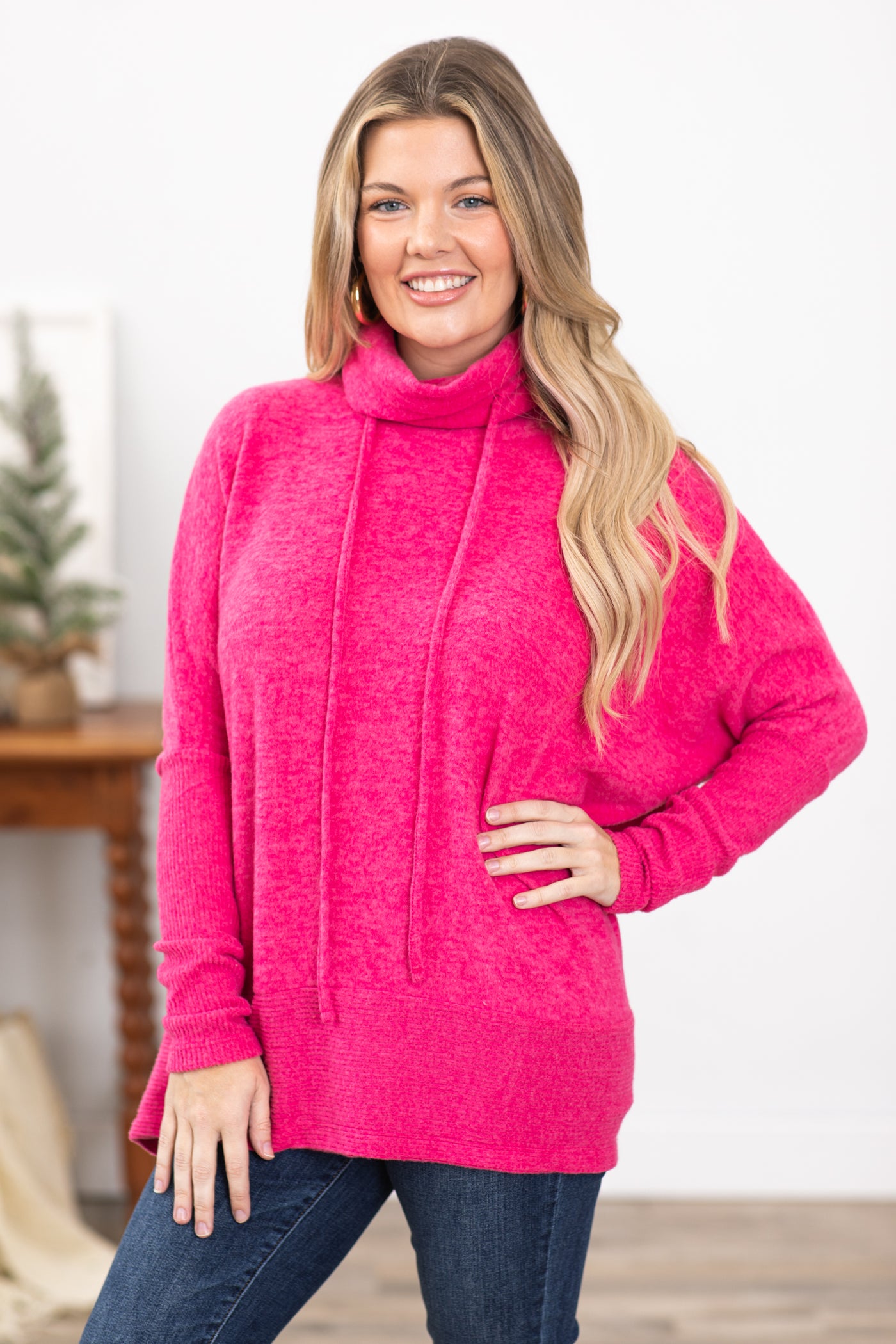 Hot Pink Brushed Hacci Cowl Neck Top
