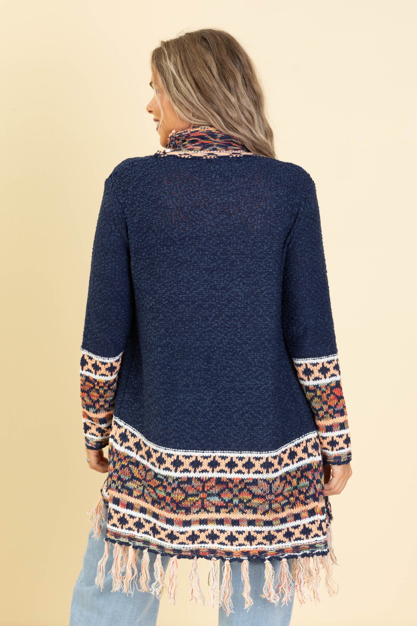 Navy Fringe Hem Aztec Border Cardigan