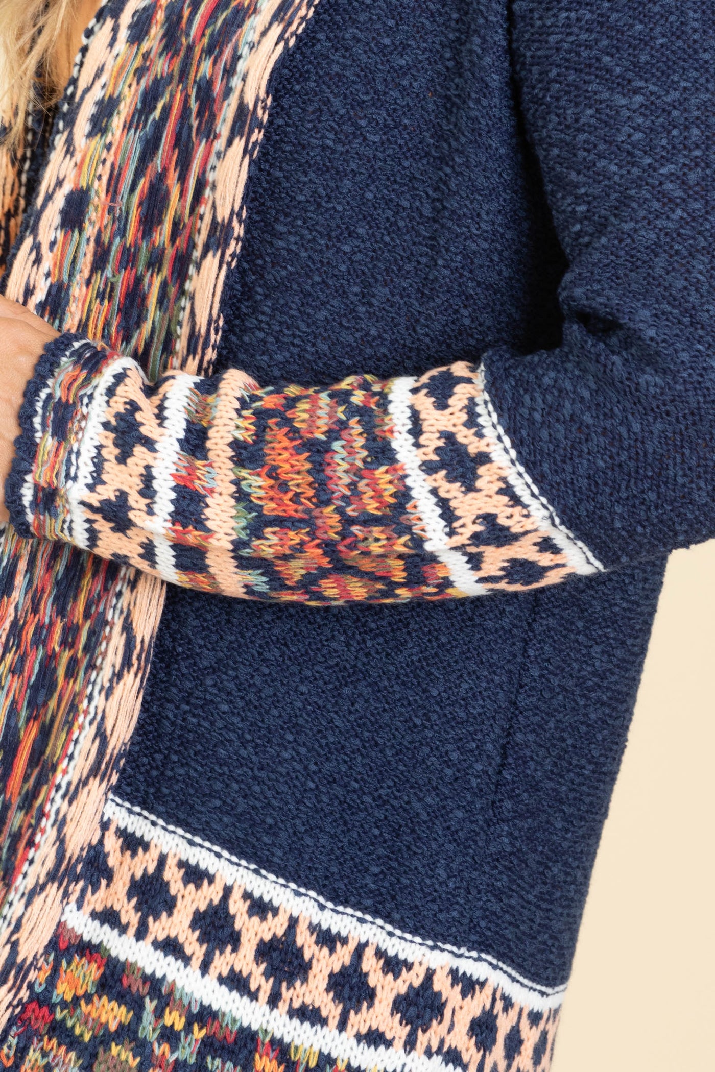 Navy Fringe Hem Aztec Border Cardigan