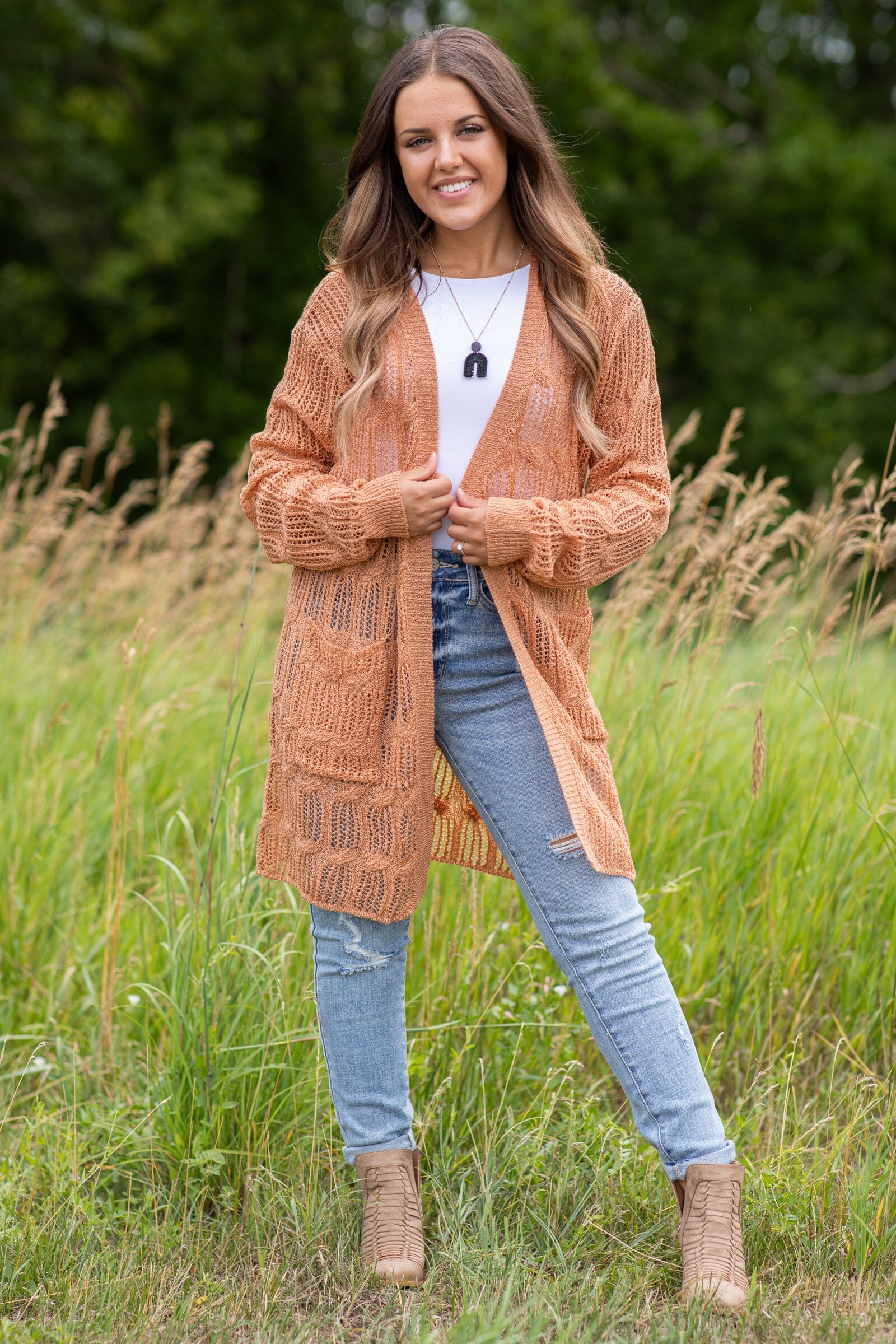 Tan Pointelle Cardigan With Pockets - Filly Flair