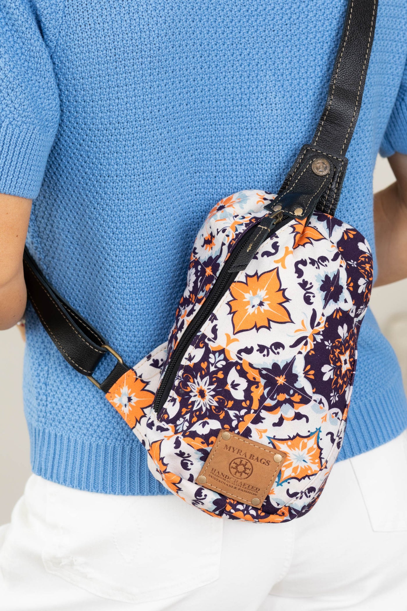 Myra Navy Oasis Blooms Leather Bag