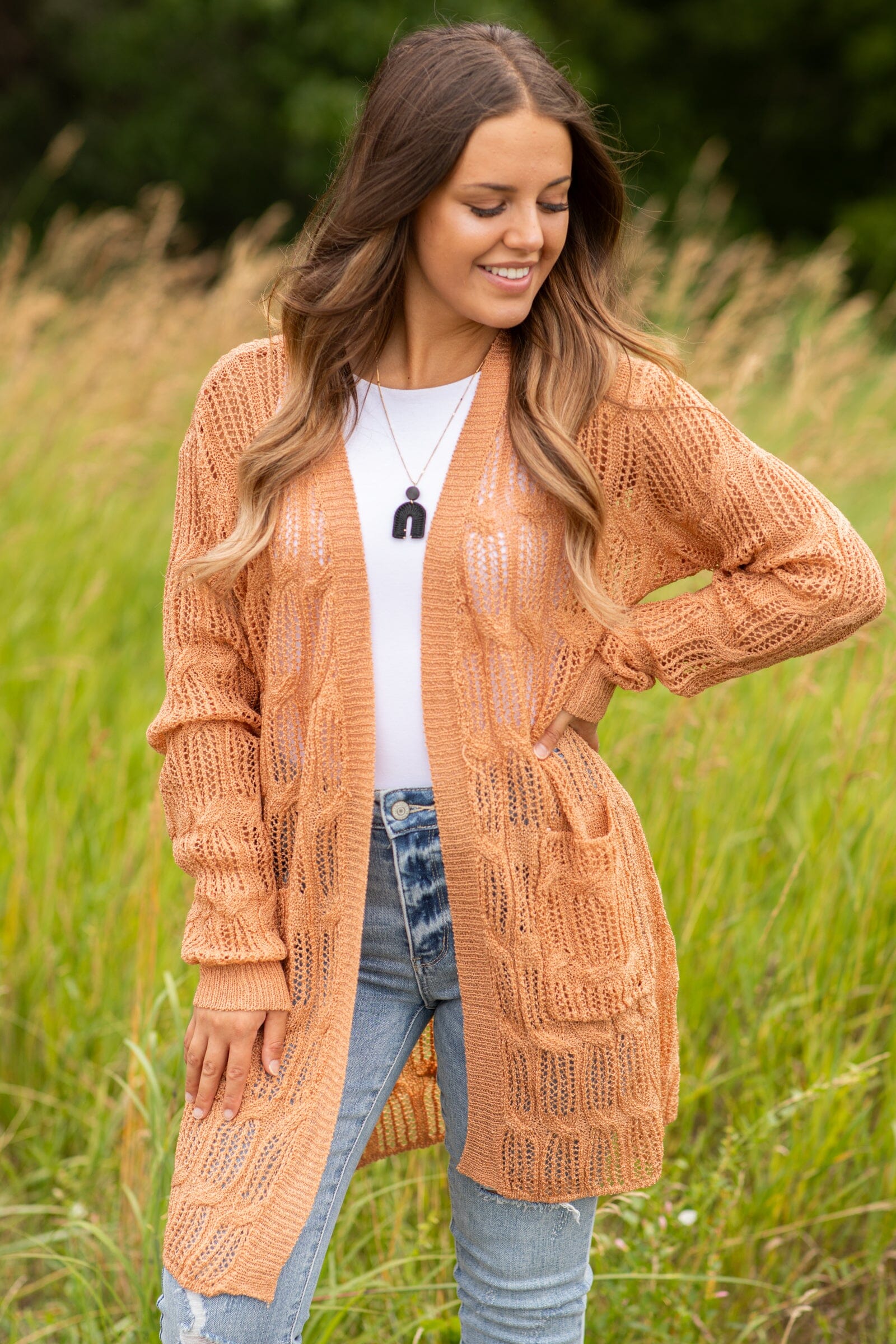 Tan Pointelle Cardigan With Pockets · Filly Flair