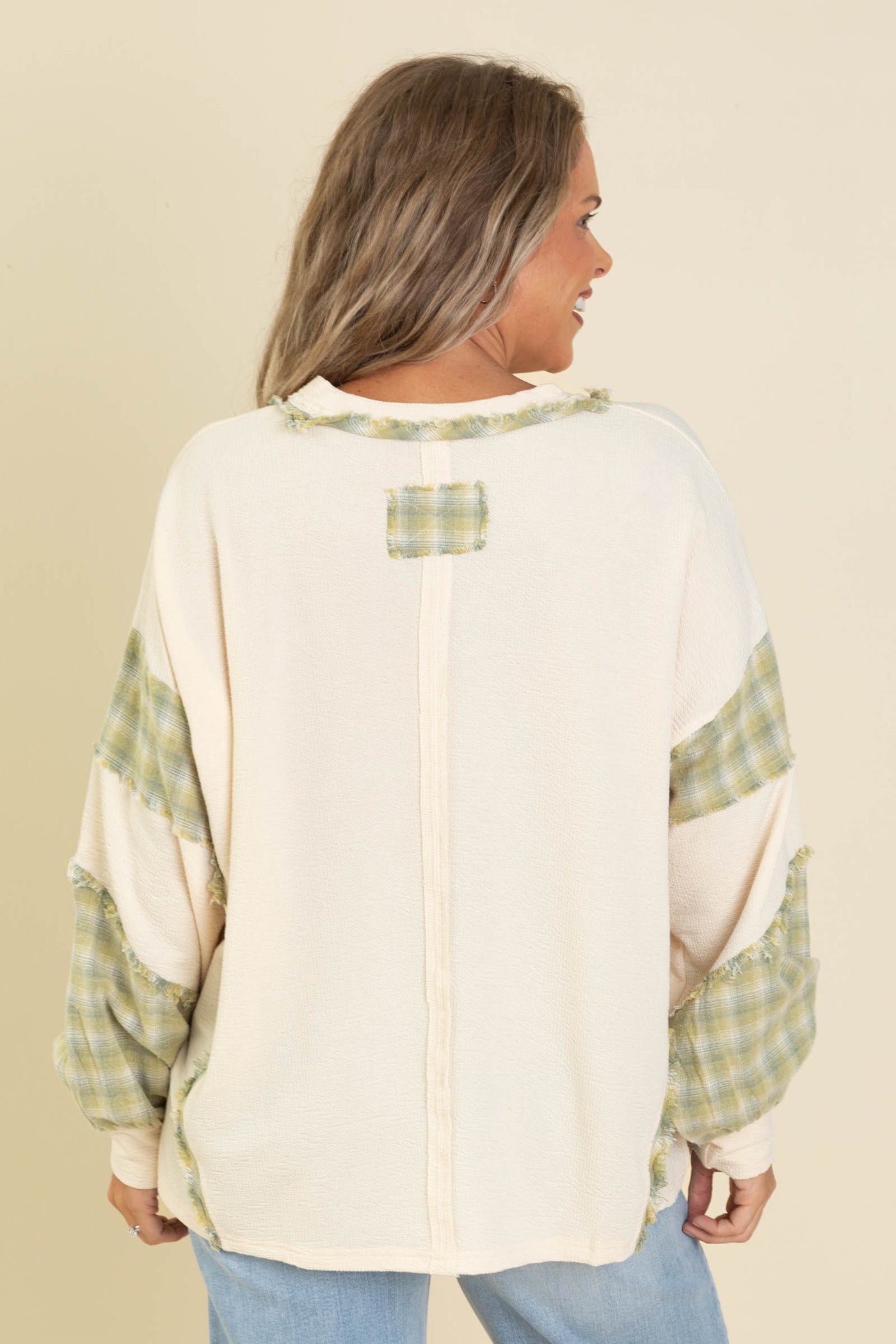 Cream And Sage Plaid Mix Washed Knit Top
