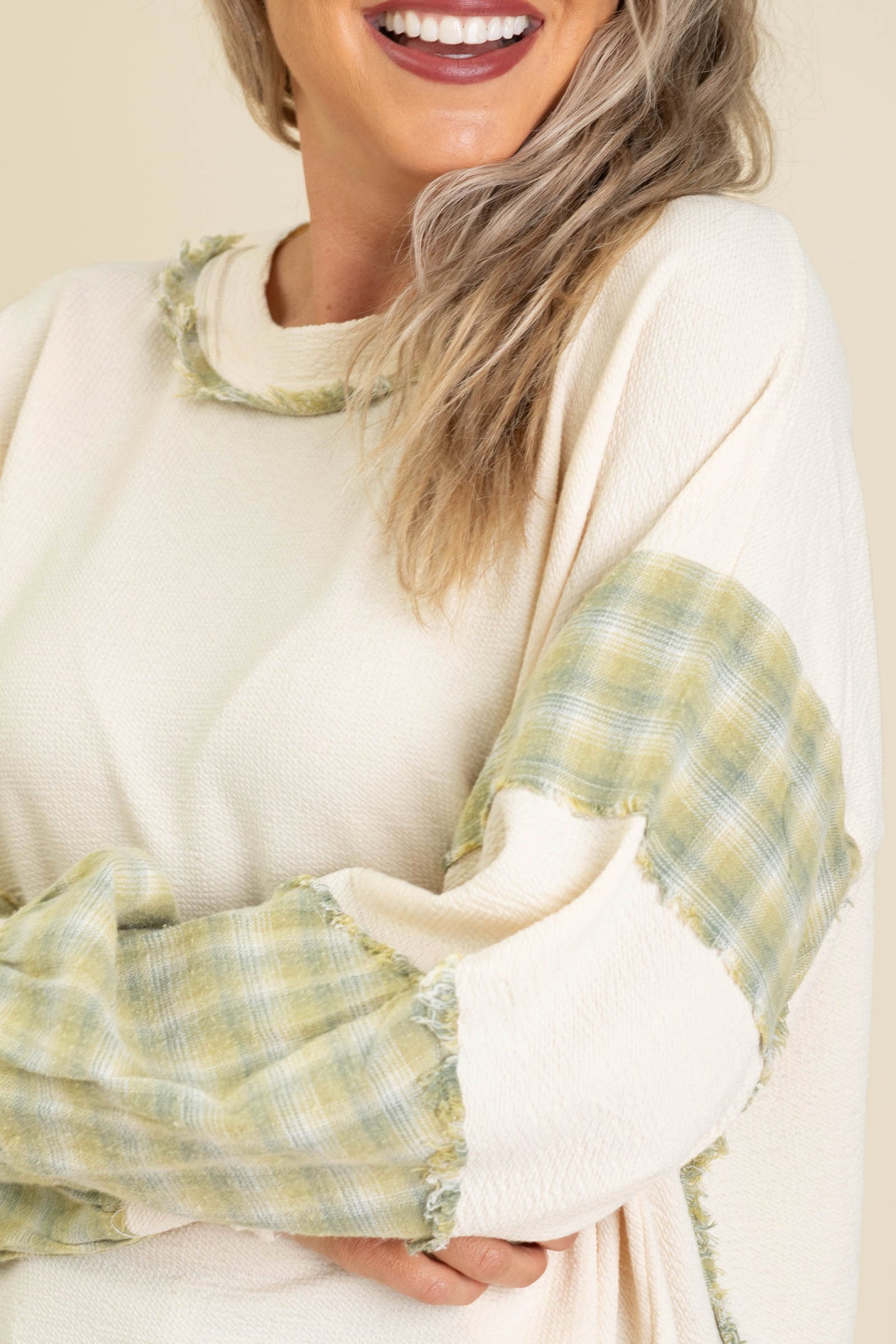 Cream And Sage Plaid Mix Washed Knit Top