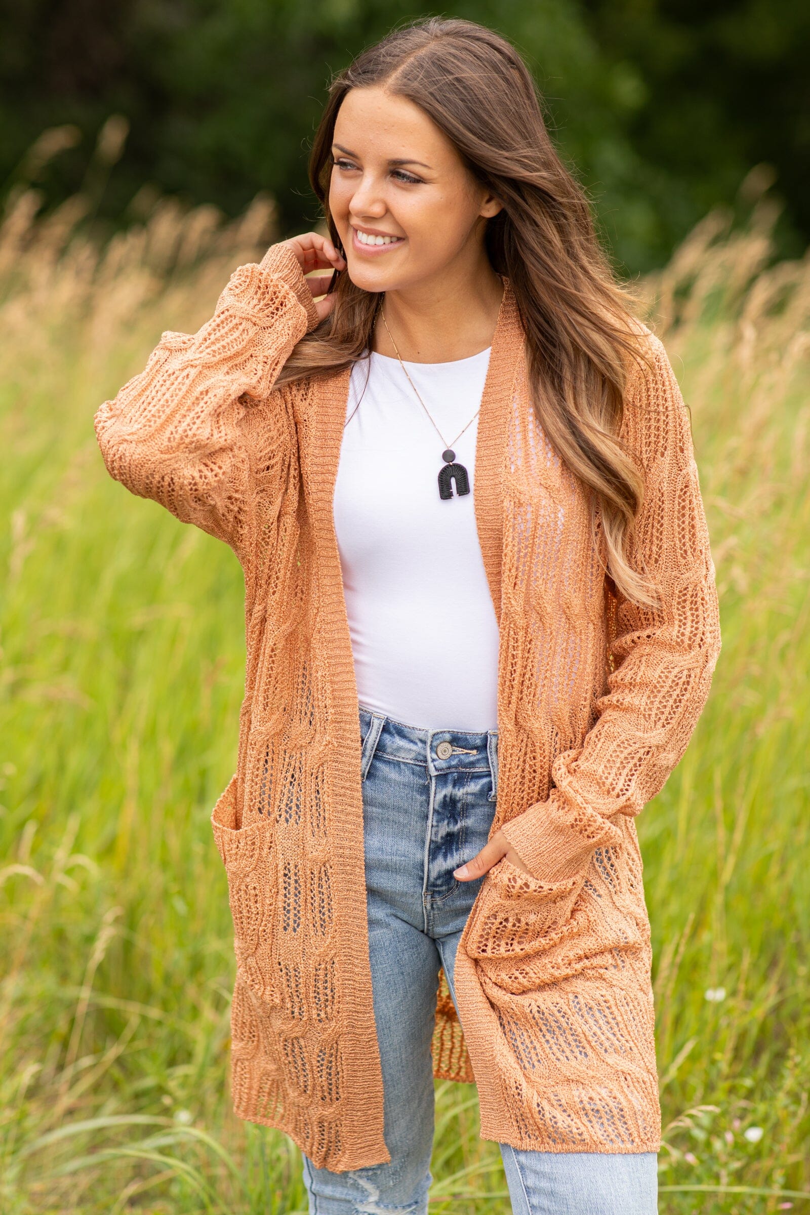 Tan Pointelle Cardigan With Pockets - Filly Flair