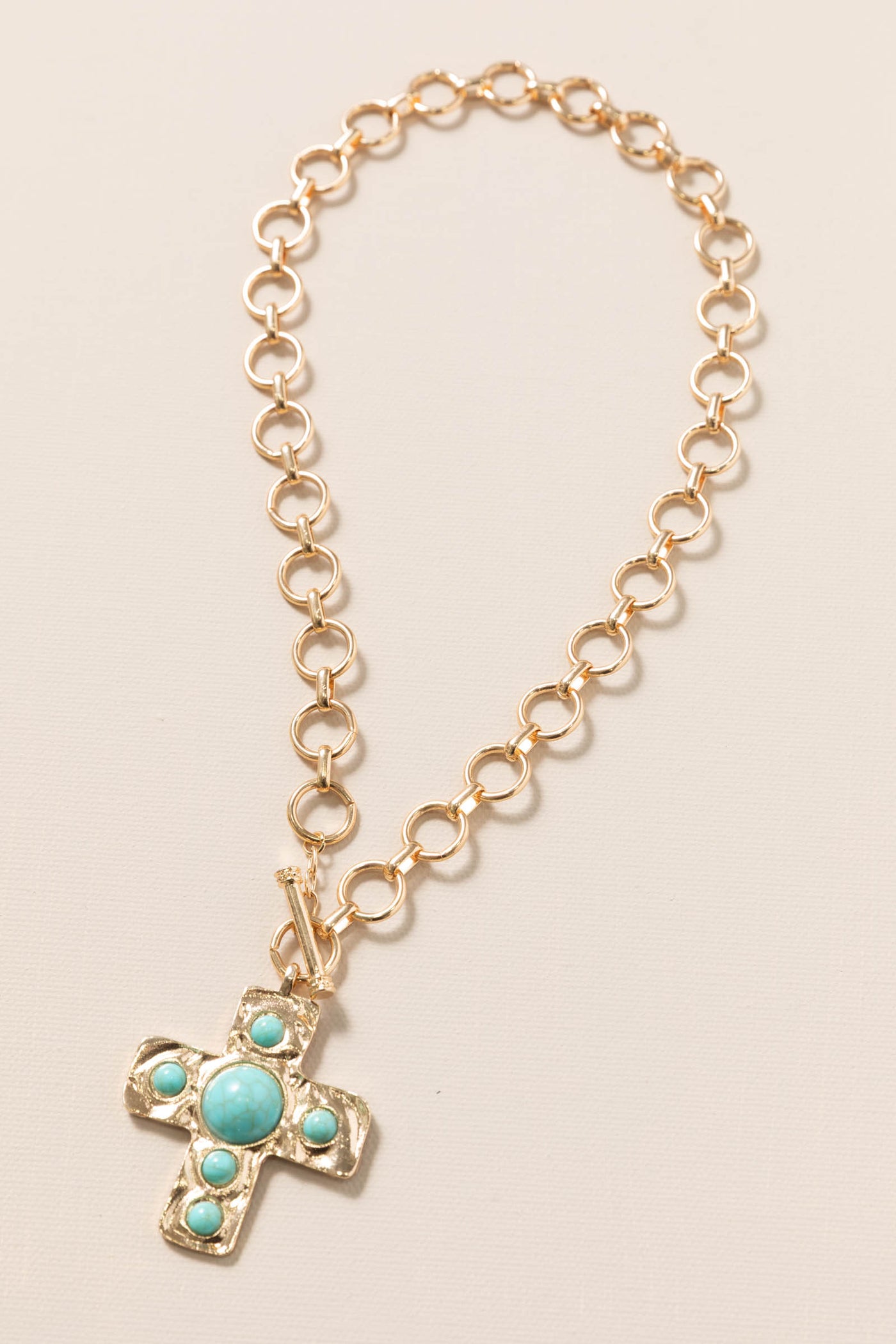 Gold Turquoise Hammered Cross Toggle Necklace