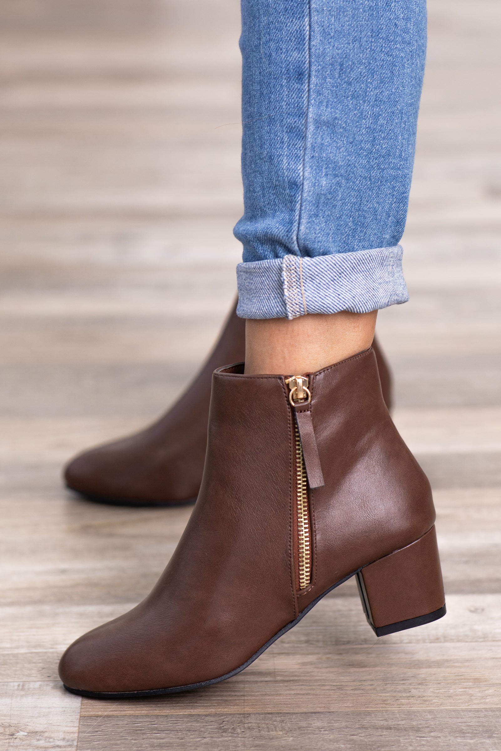Brown Faux Leather Side Zip Booties