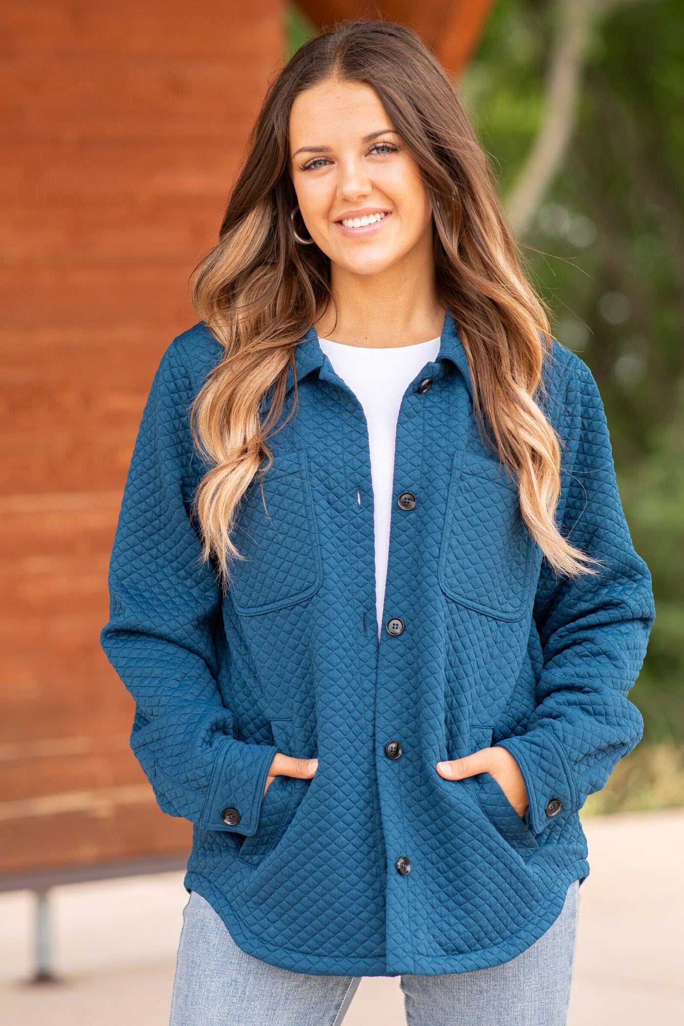 Dark Teal Quilted Shacket With Pocket Detail - Filly Flair