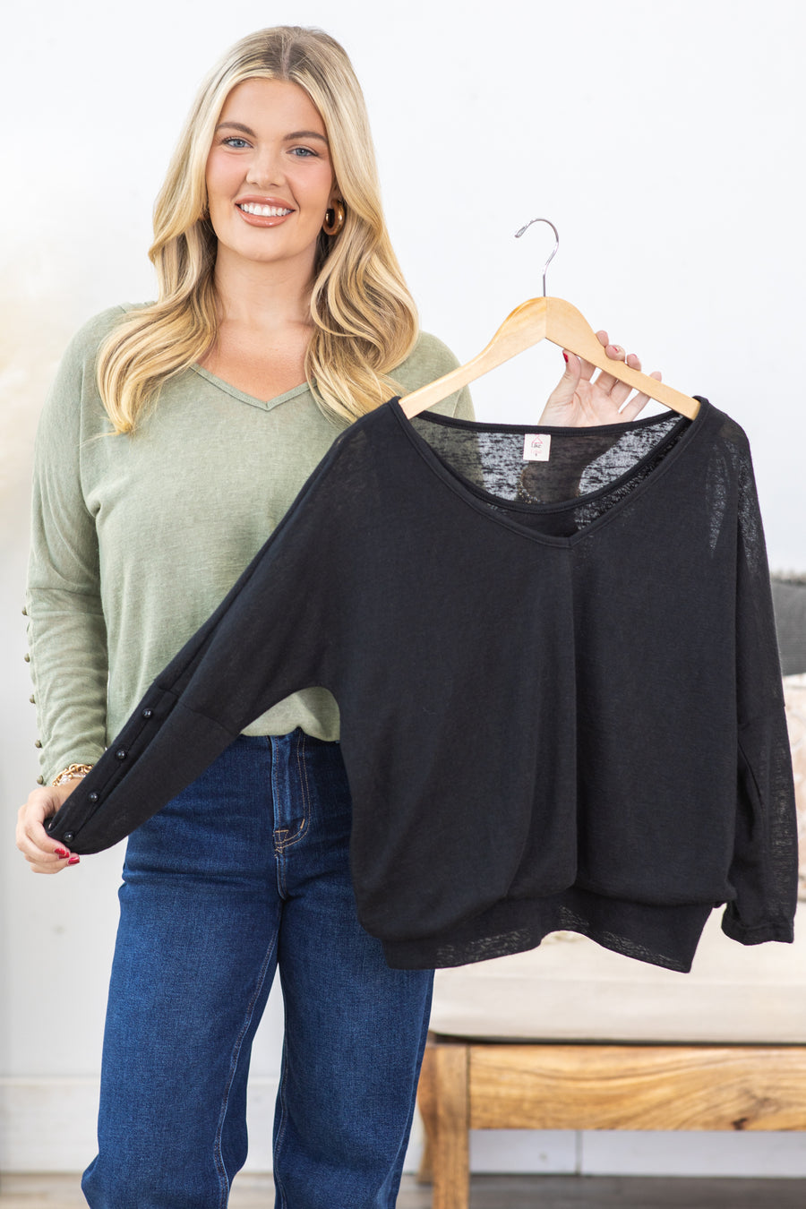 V-Neck Long Sleeve Built In Tank Top