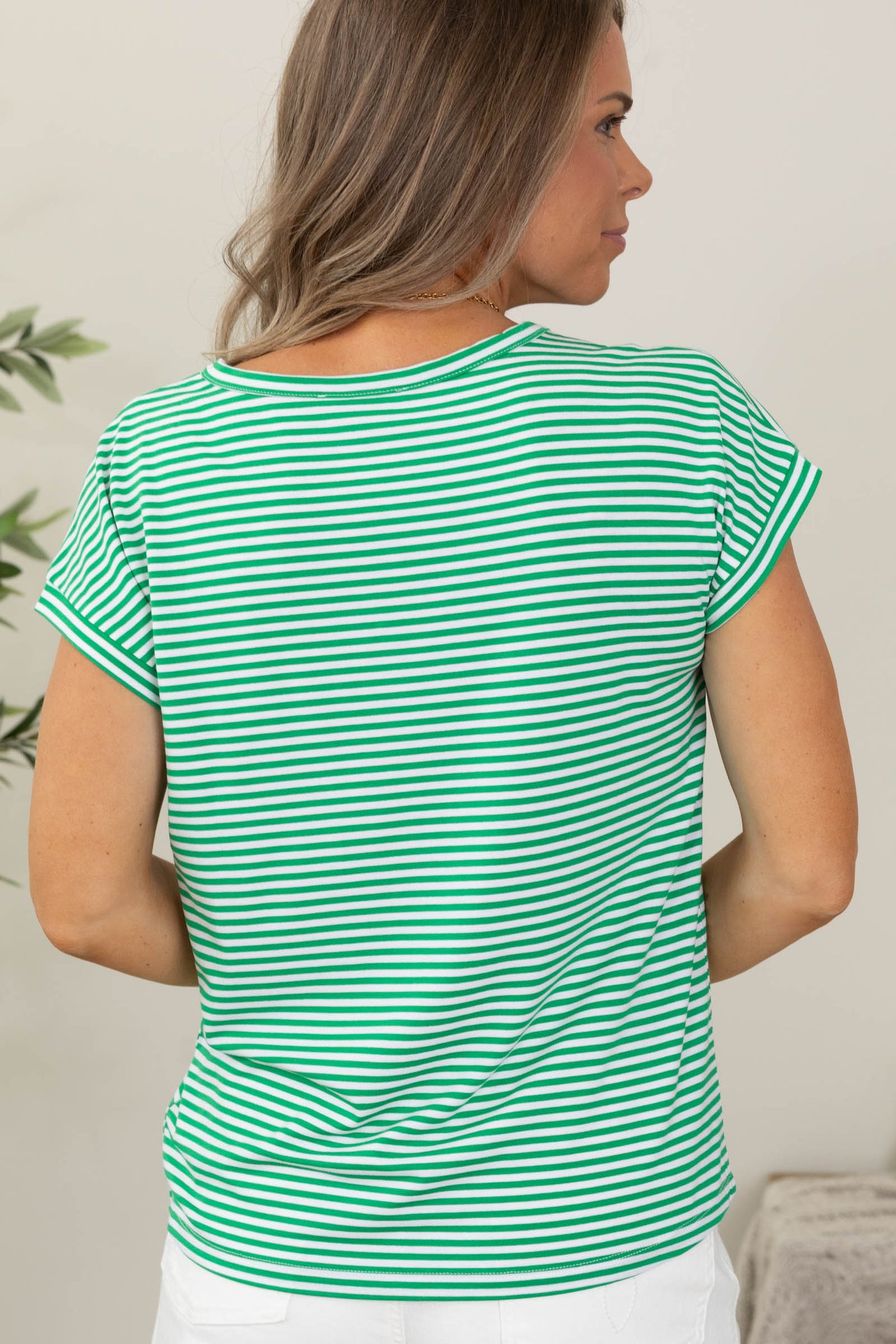 Staccato V-Neck Stripe Jersey Knit Top