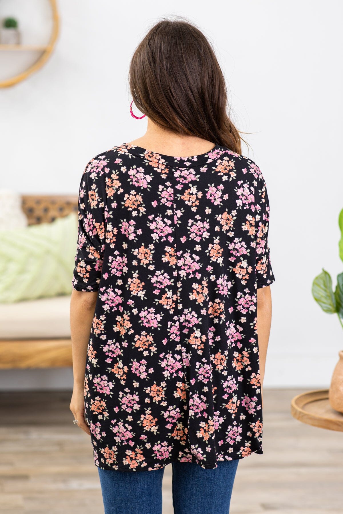 Black and Pink Floral Print V-Neck Top - Filly Flair