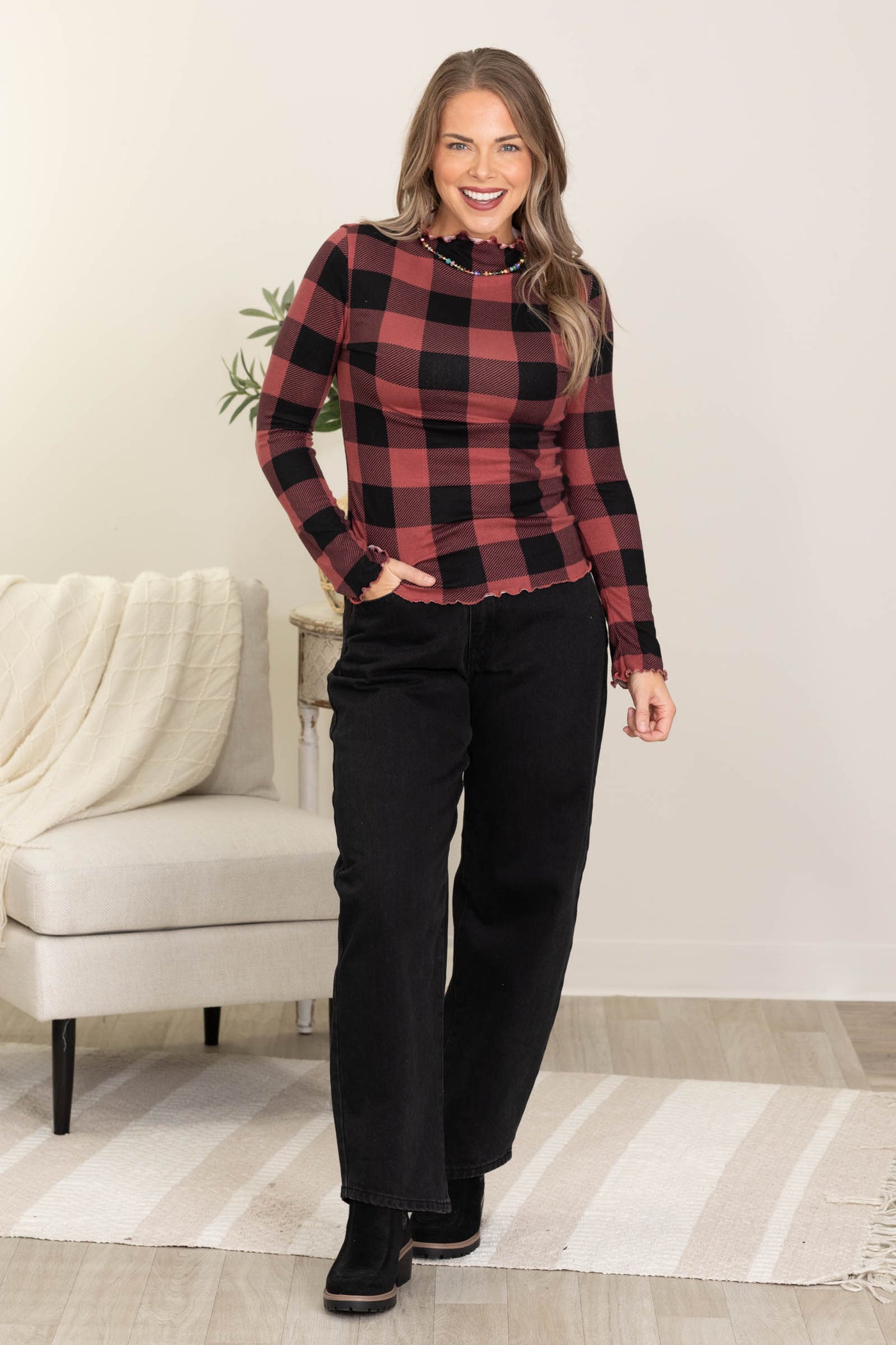 Light Wine And Black Plaid Check Hacci Top