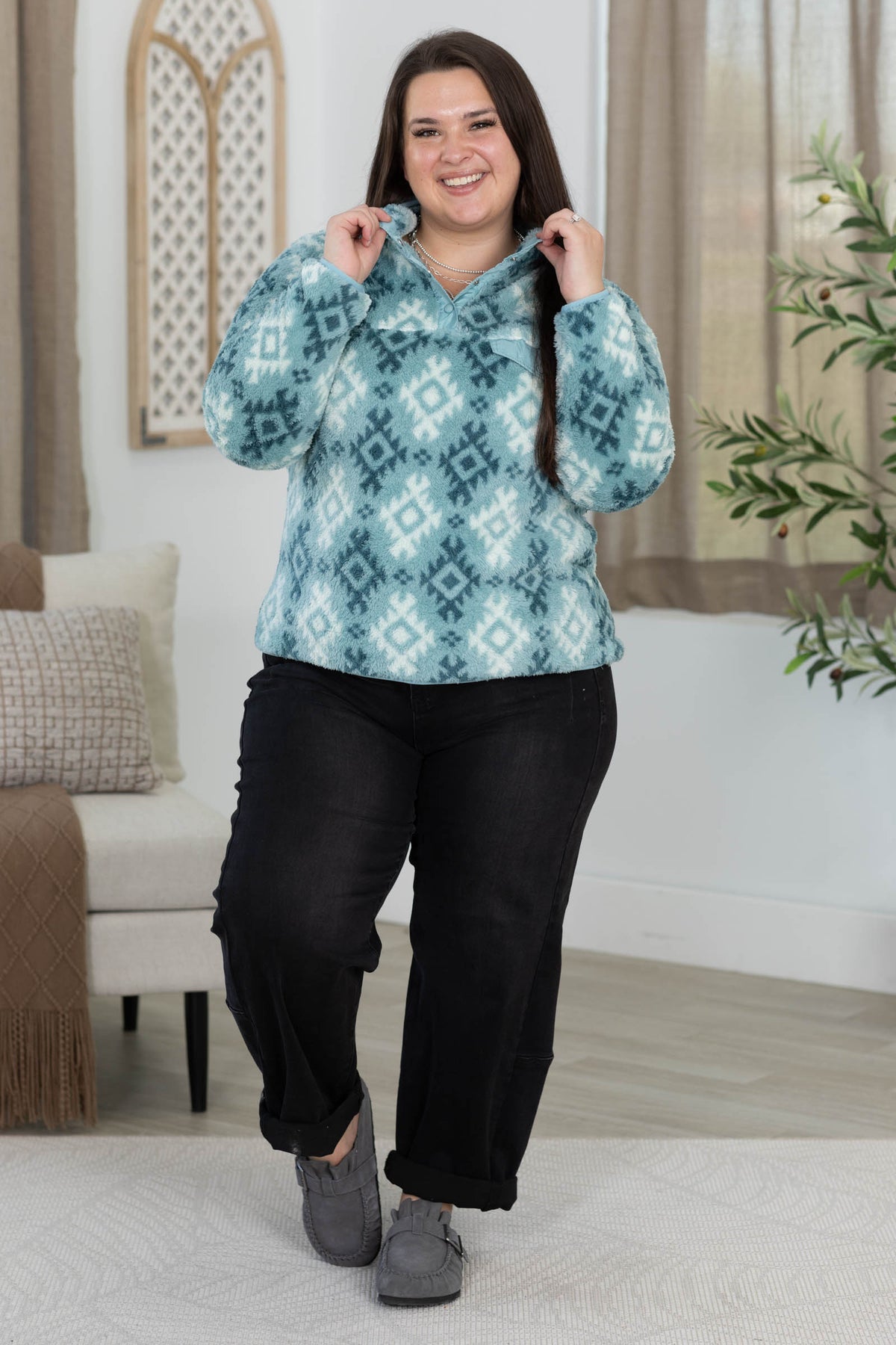Printed Soft Sherpa Quarter Snap Sweatshirt