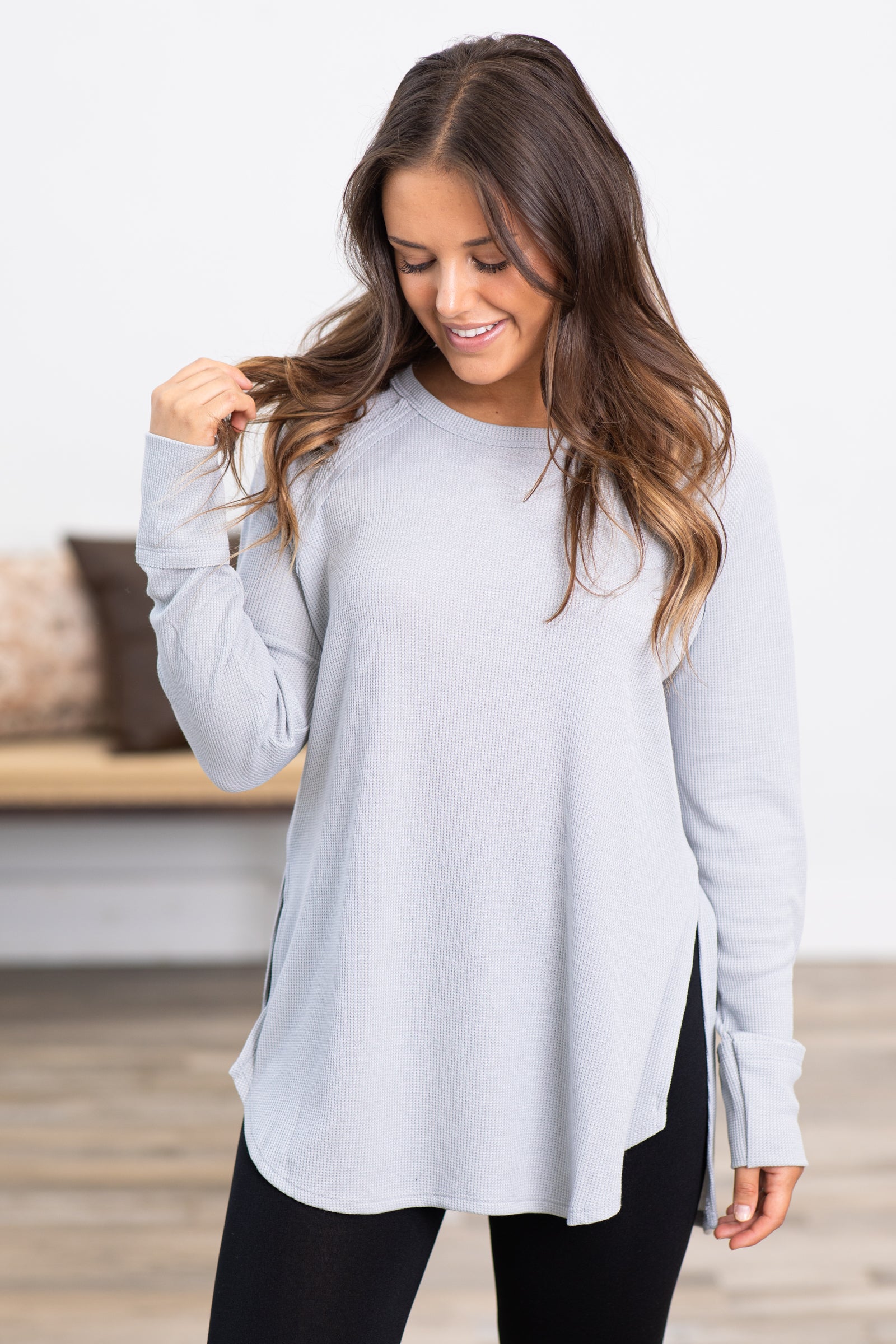 Light Grey Baby Waffle Knit Top With Side Slit