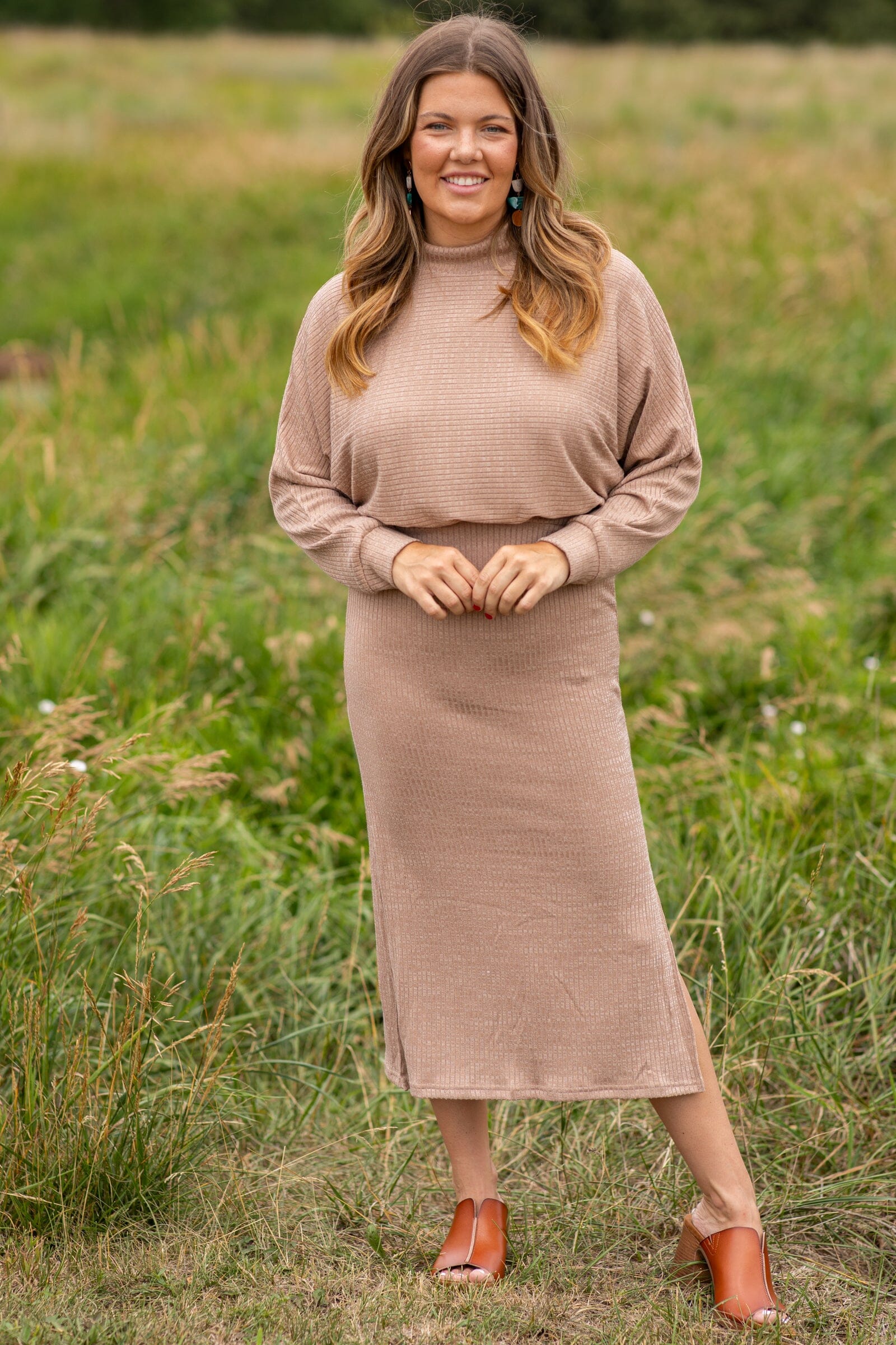 Mocha Ribbed Mock Neck Sweater Dress - Filly Flair