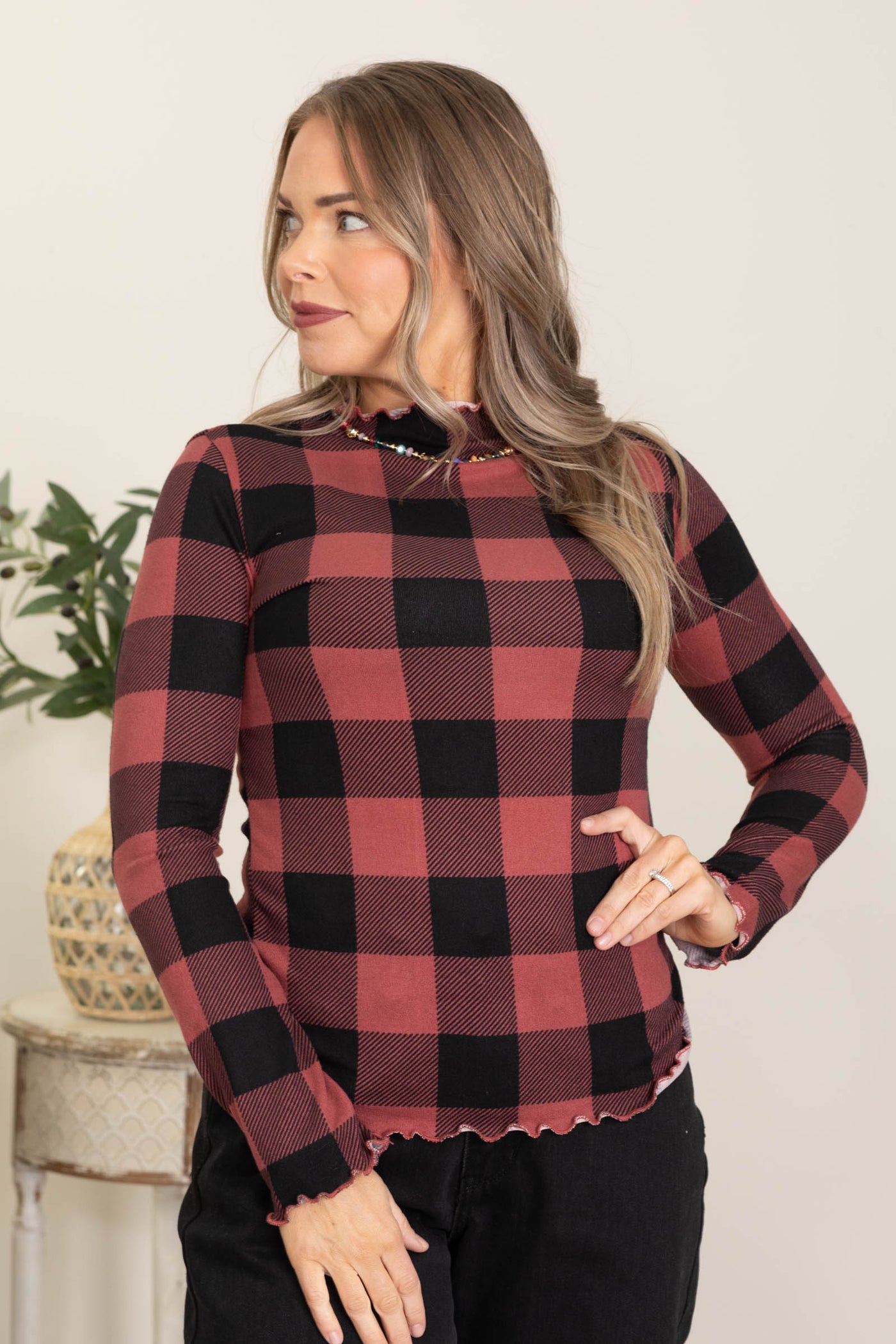 Light Wine And Black Plaid Check Hacci Top