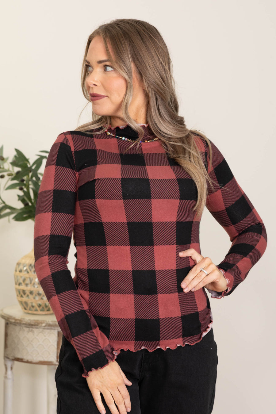 Light Wine And Black Plaid Check Hacci Top