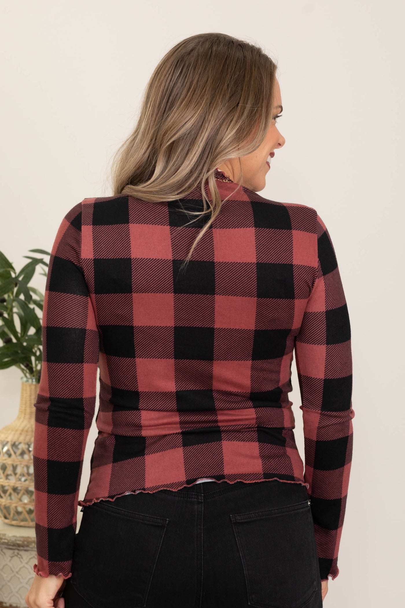 Light Wine And Black Plaid Check Hacci Top