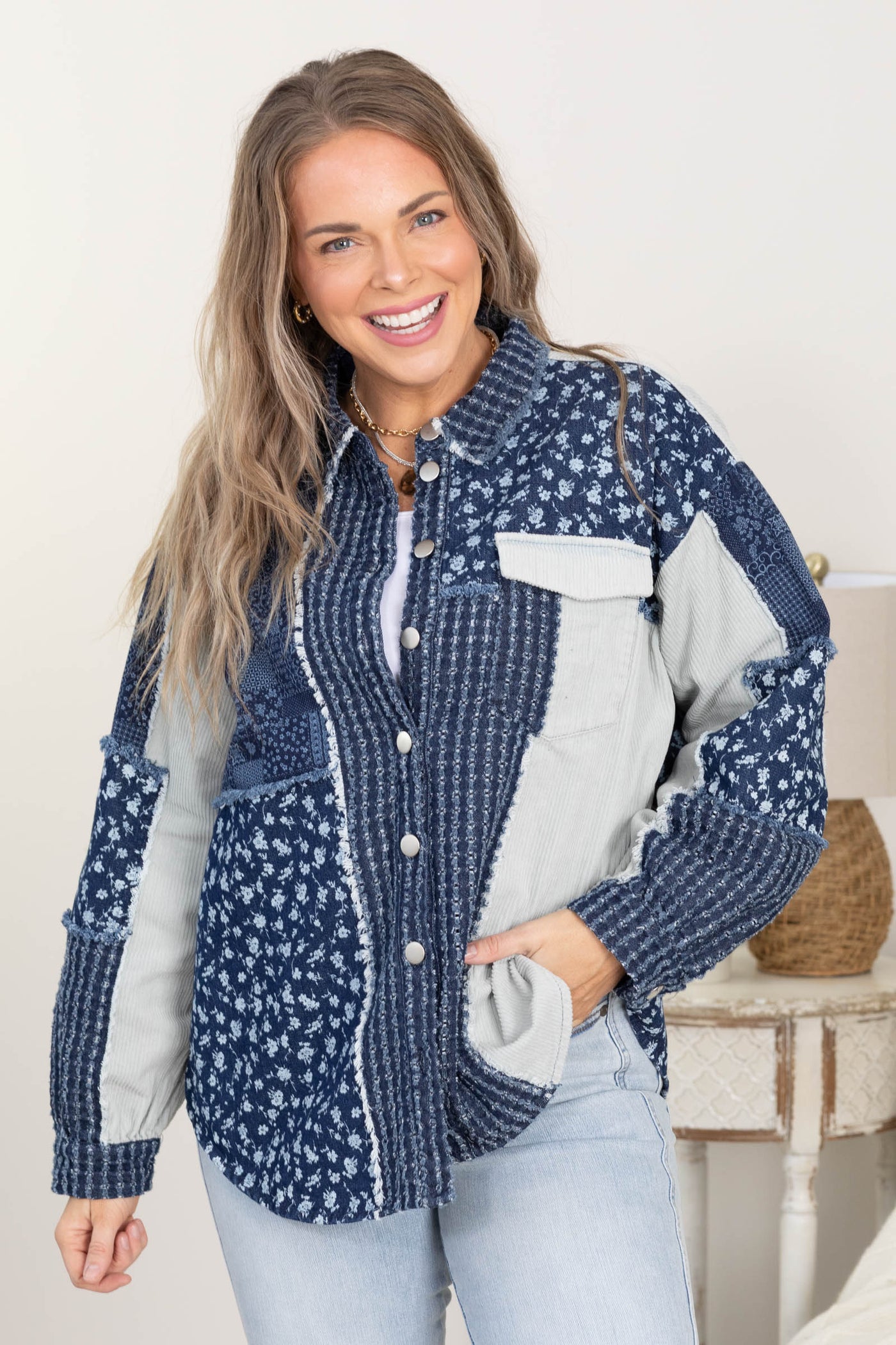 Dark Wash Mixed Print Denim Jacket