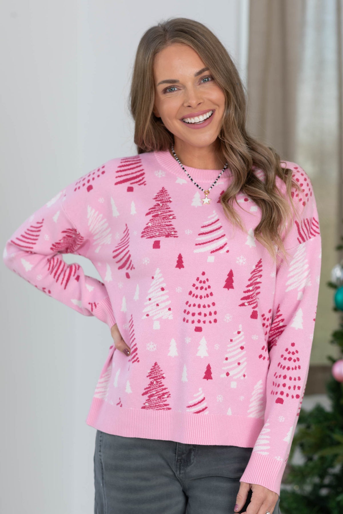 Staccato Christmas Tree Print Pullover Sweater
