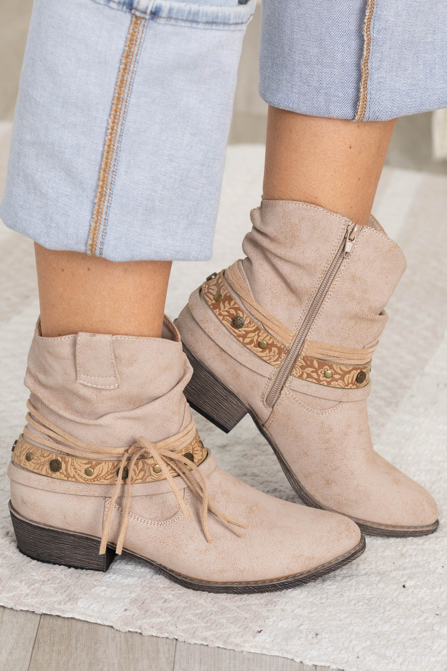 Beige Bootie With Tooling and Fringe Detail