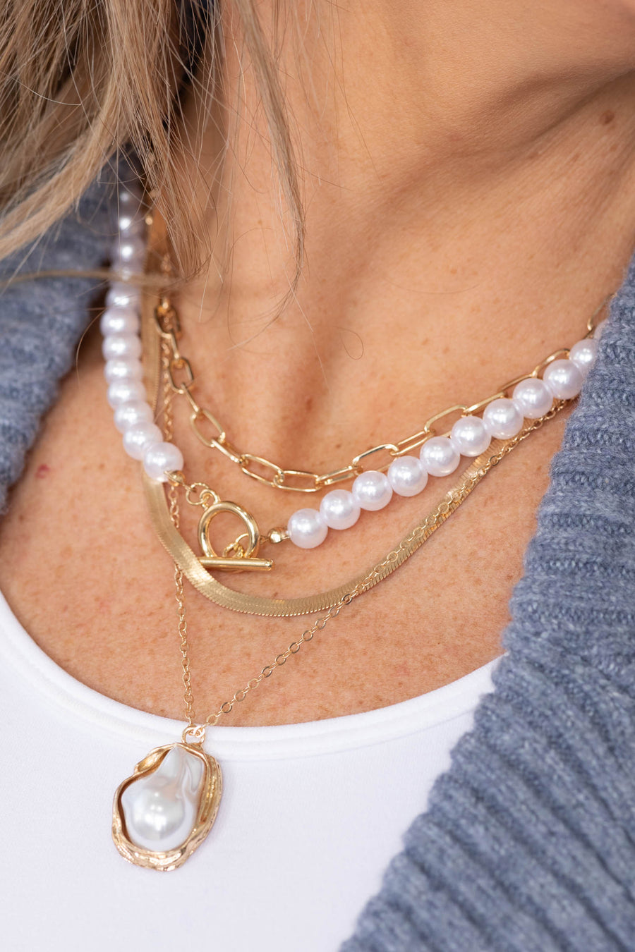 Pearl Charm Multi Layer Pearl Gold Mix Necklace