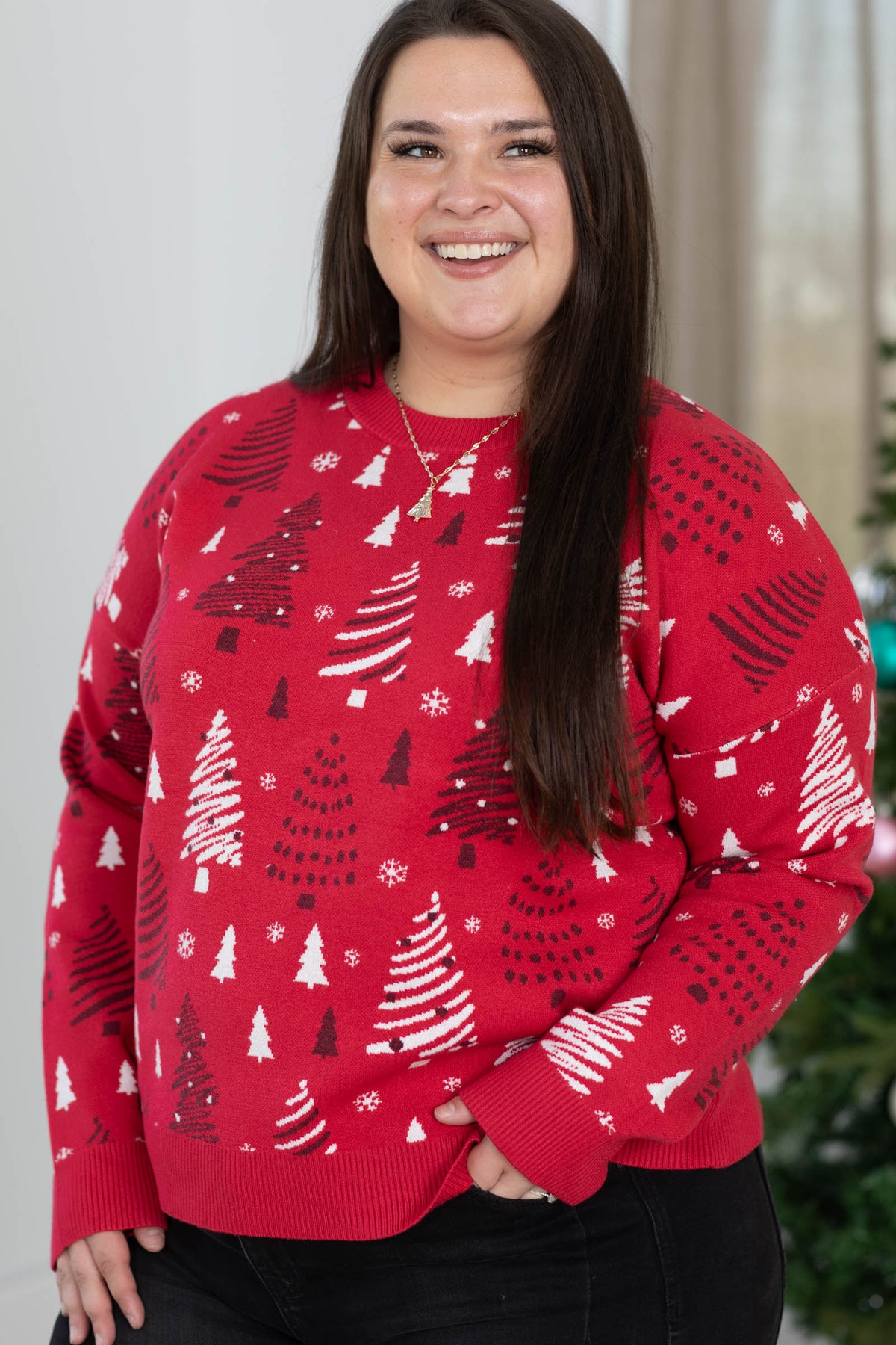 Staccato Christmas Tree Print Pullover Sweater