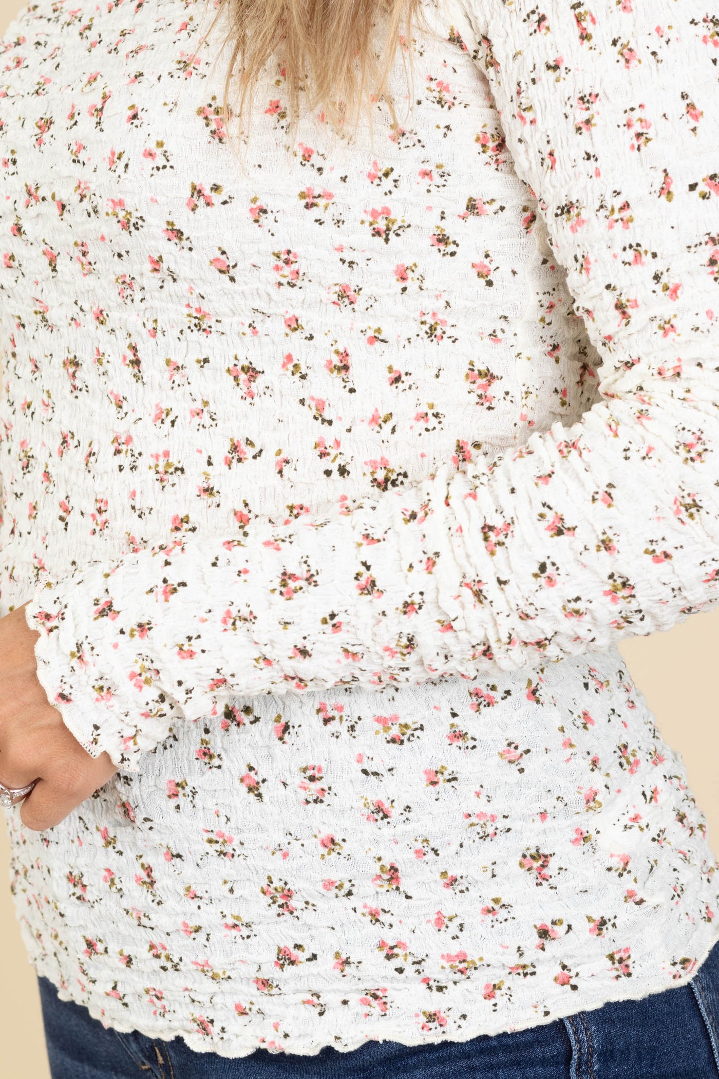 Cream With Pink Ditsy Long Sleeve Knit Top