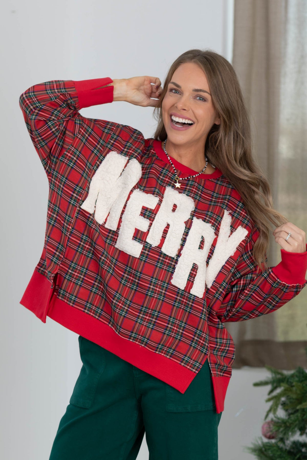 Merry Plaid Sherpa Applique Pullover Sweatshirt