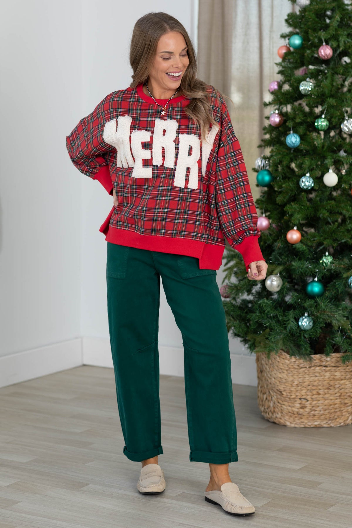 Merry Plaid Sherpa Applique Pullover Sweatshirt