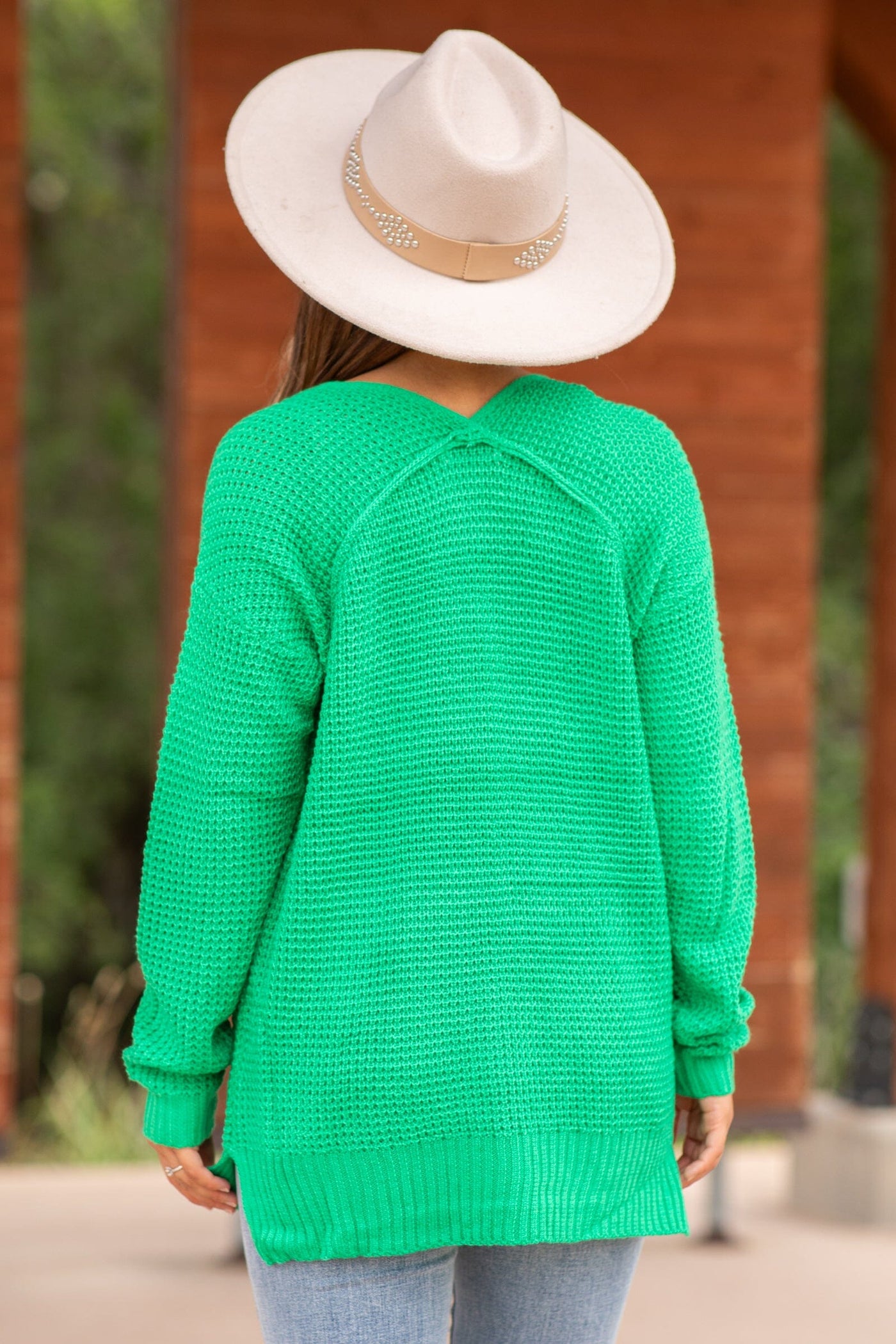 Green V-Neck Waffle Knit Sweater With Seam - Filly Flair