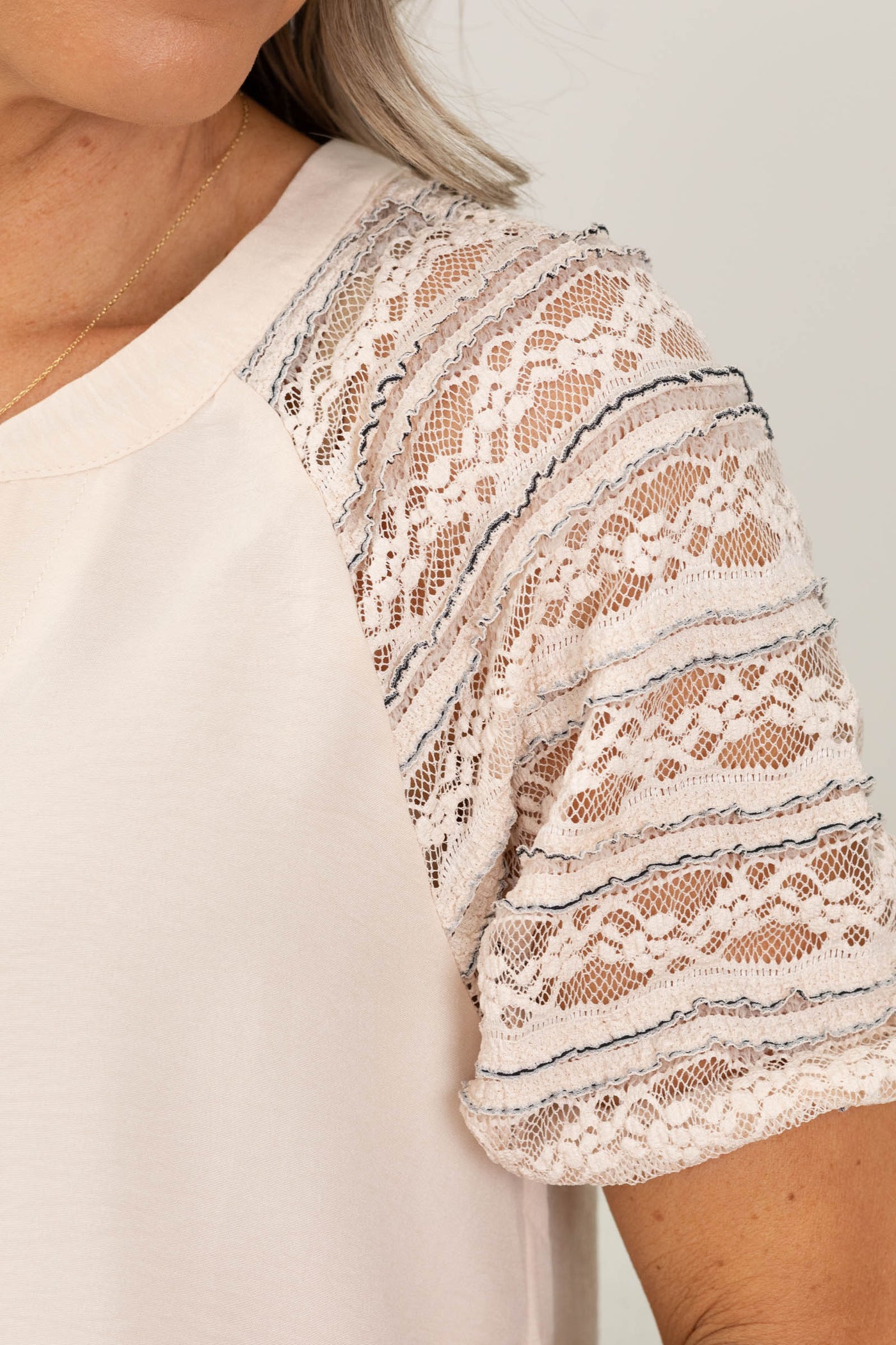 Staccato Beige Lace Contrast Sleeve Woven Top