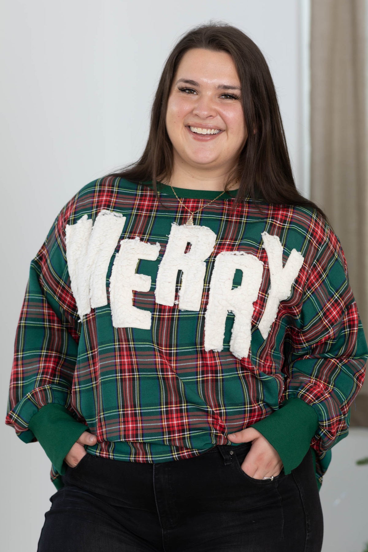 Merry Plaid Sherpa Applique Pullover Sweatshirt