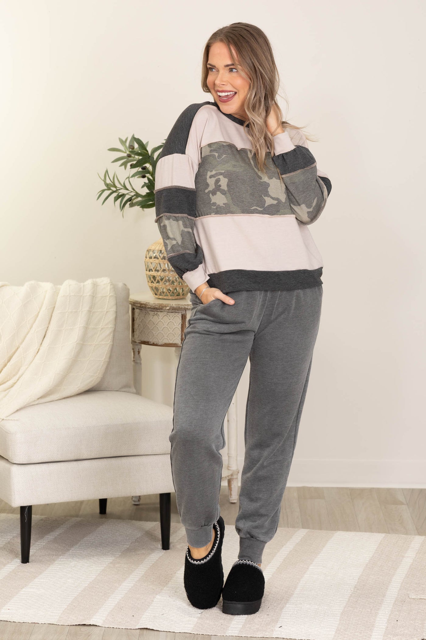 Dusty Beige And Olive Camo Loose Fit Knit Top