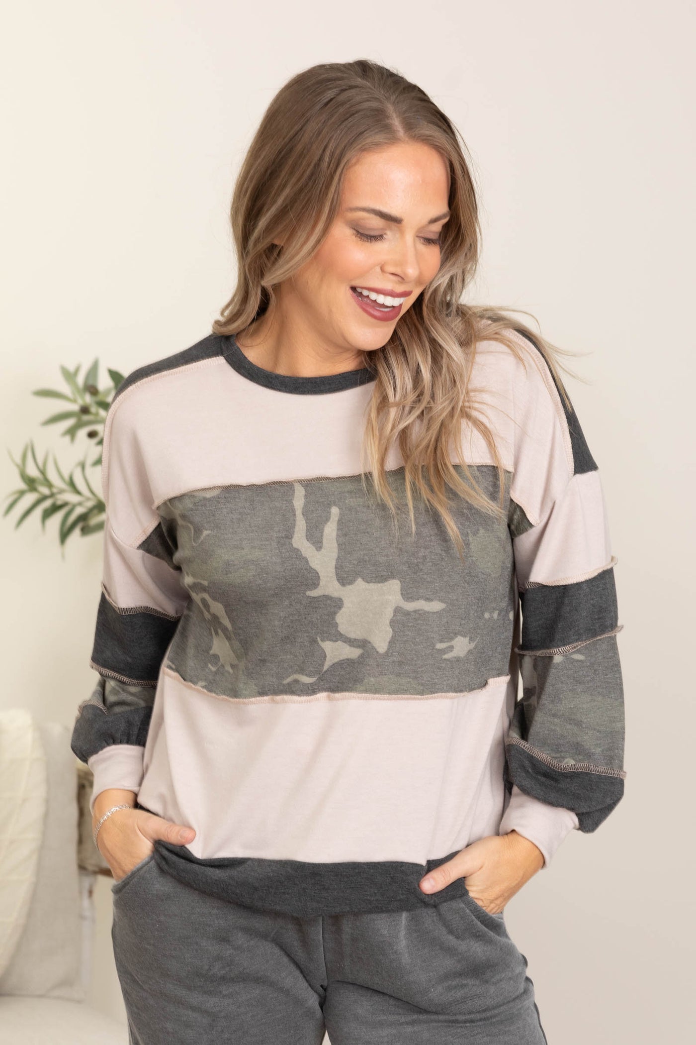 Dusty Beige And Olive Camo Loose Fit Knit Top