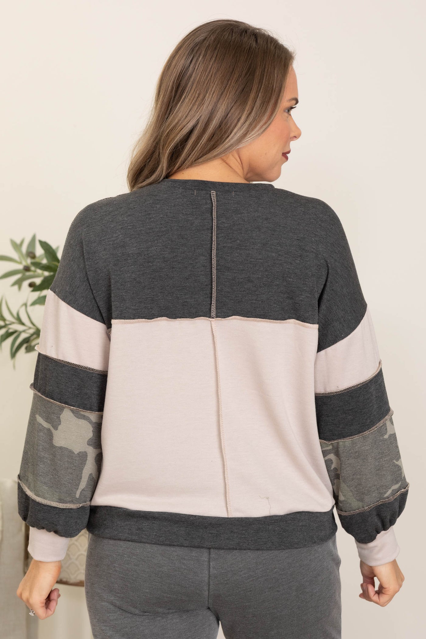 Dusty Beige And Olive Camo Loose Fit Knit Top