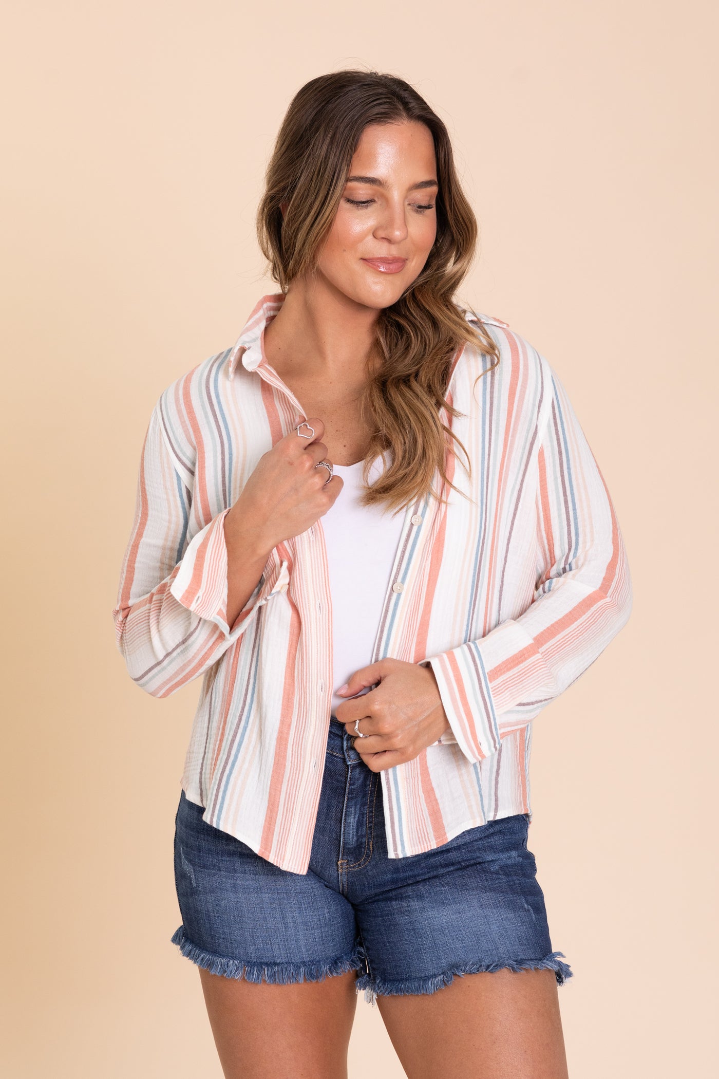 Coral Striped Gauzy Button Up Woven Top